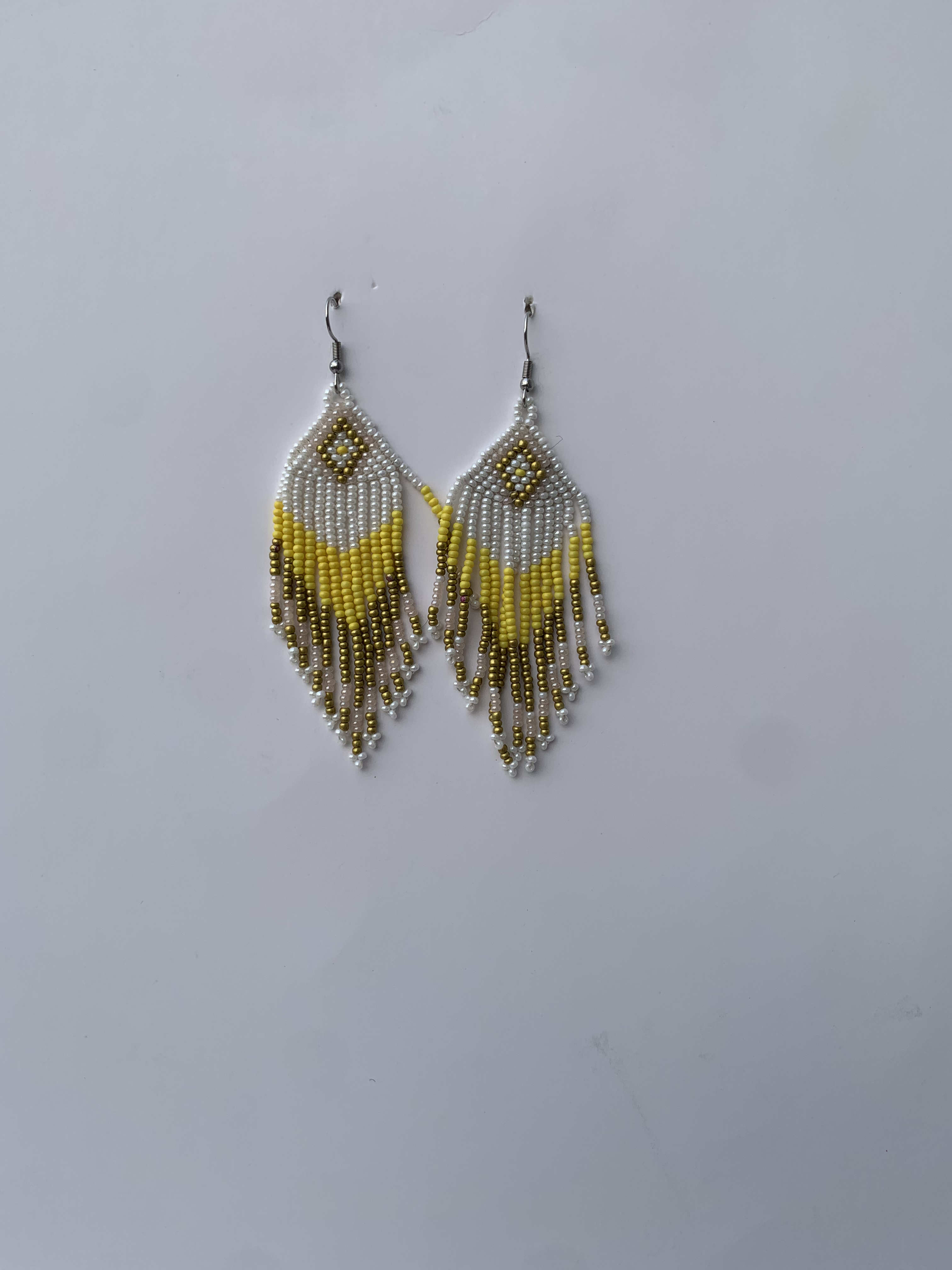 Duayaw Meadow Feather — handmade yellow, olive, white beaded fringe earrings by Rama, Ghana, Duncan BC