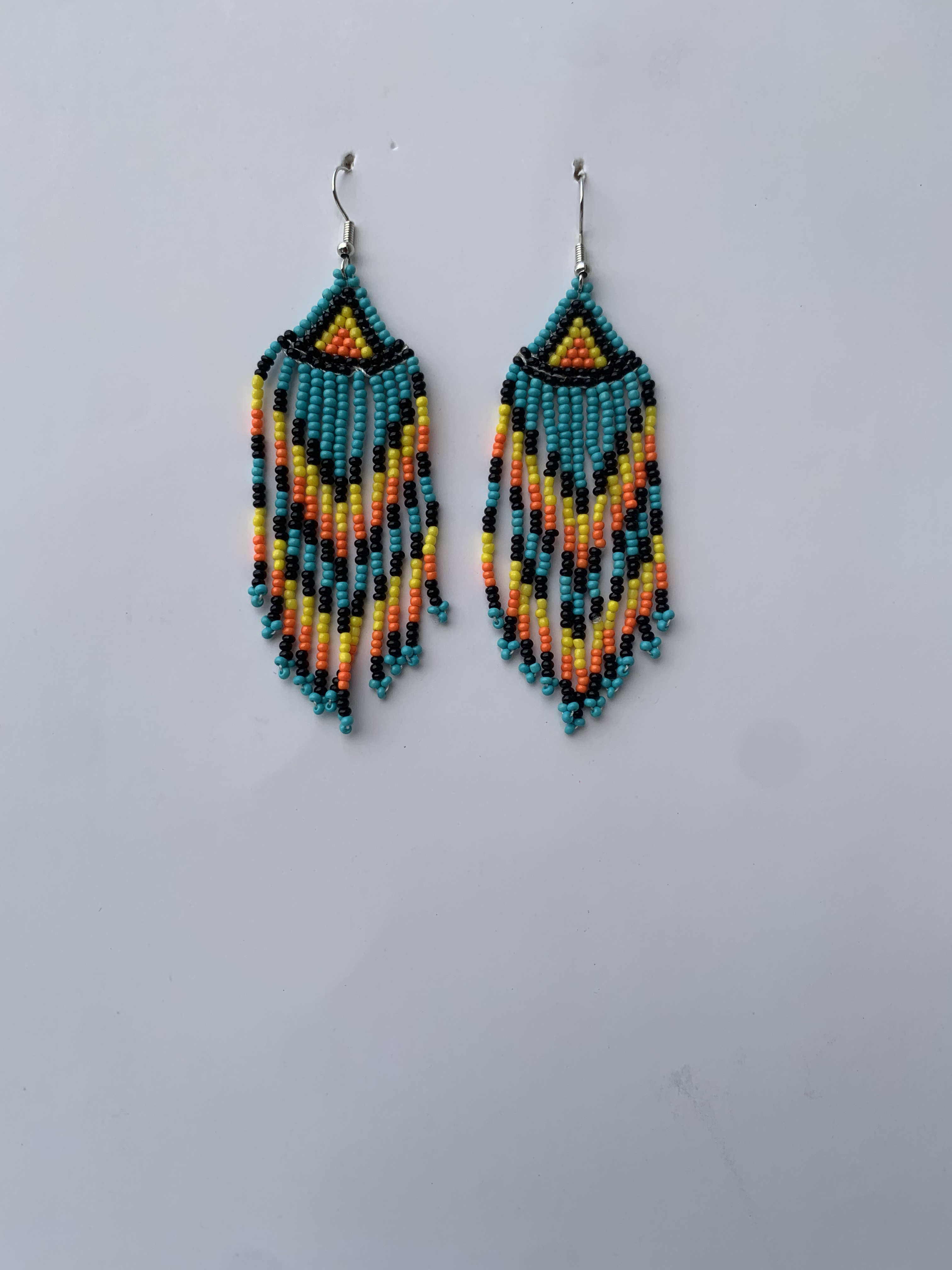 Eikwe Sunrise Fringe — handmade teal, orange, yellow beaded fringe earrings by Rama, Ghana, Duncan BC