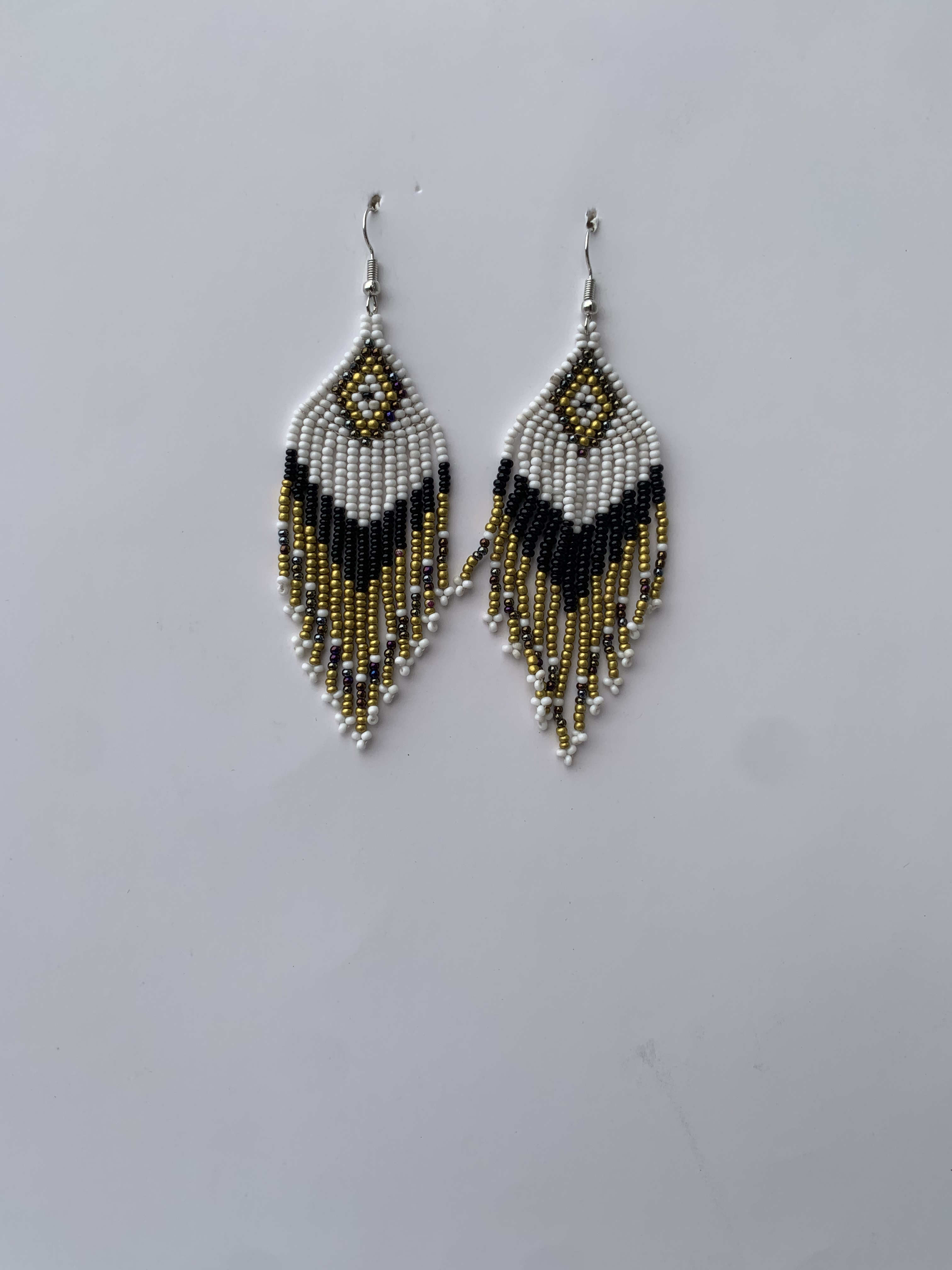 Esiama Pharaoh Feather — handmade white, gold, black beaded fringe earrings by Rama, Ghana, Duncan BC