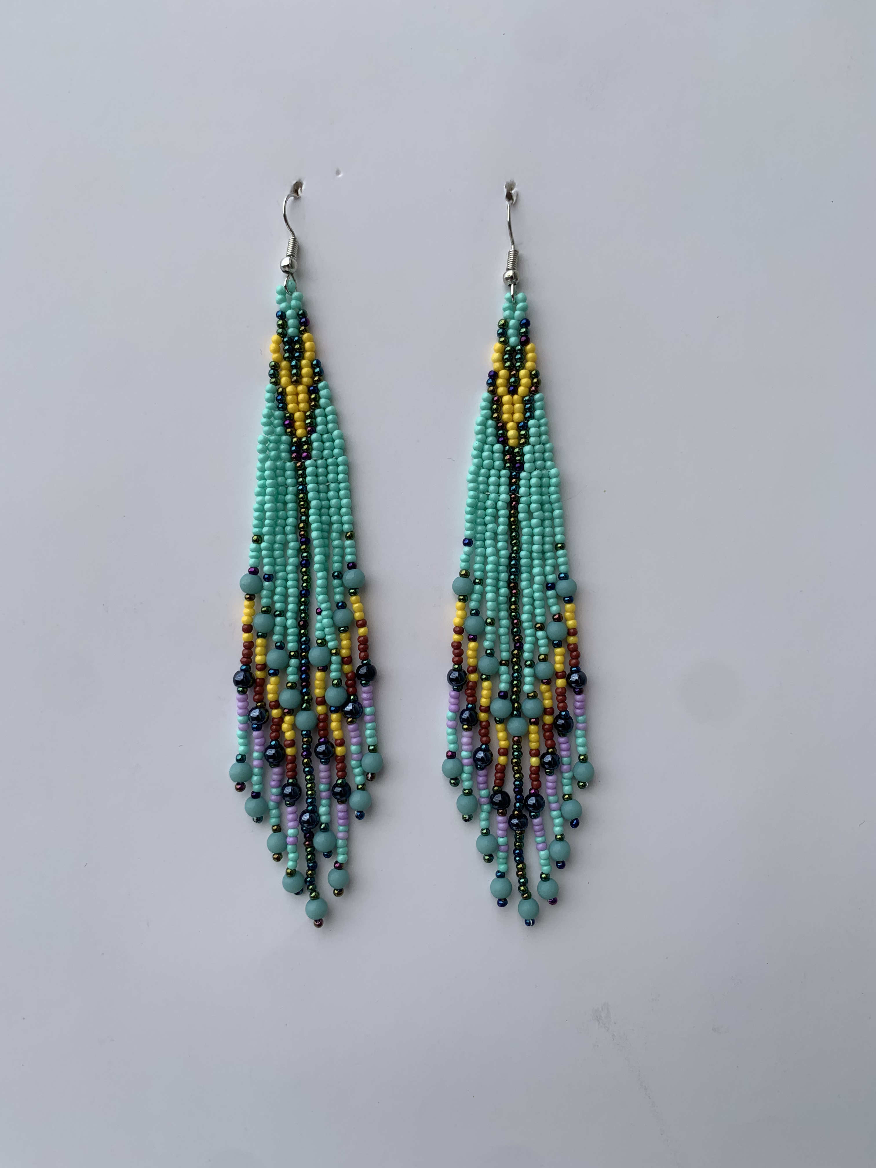 Aboso Rainforest Cascade — handmade teal, green, yellow beaded fringe earrings by Rama, Ghana, Duncan BC