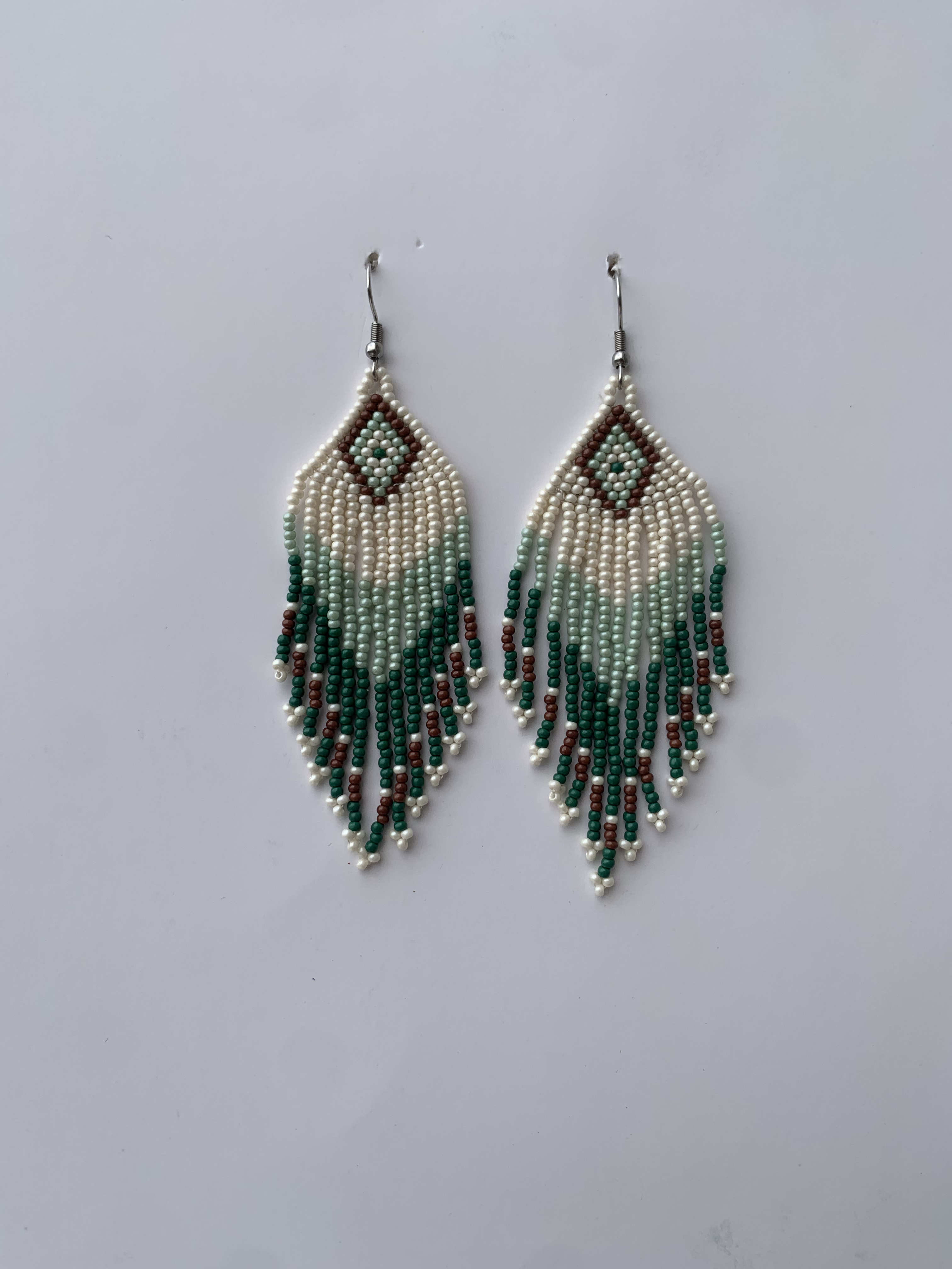 Tepa Willow Feather — handmade white, green, black beaded fringe earrings by Rama, Ghana, Duncan BC