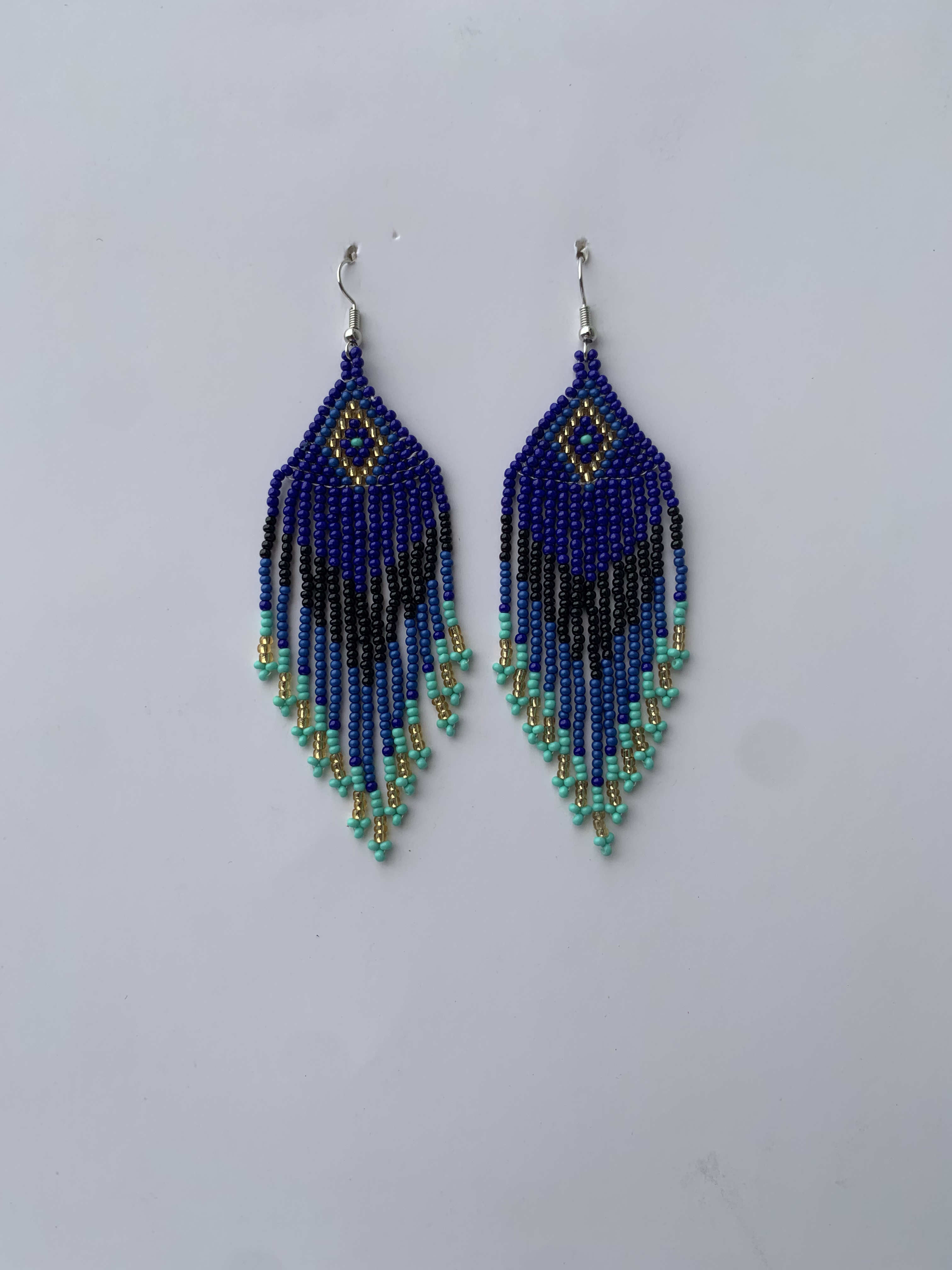 Bechem Peacock Feather — handmade blue, navy, green beaded fringe earrings by Rama, Ghana, Duncan BC