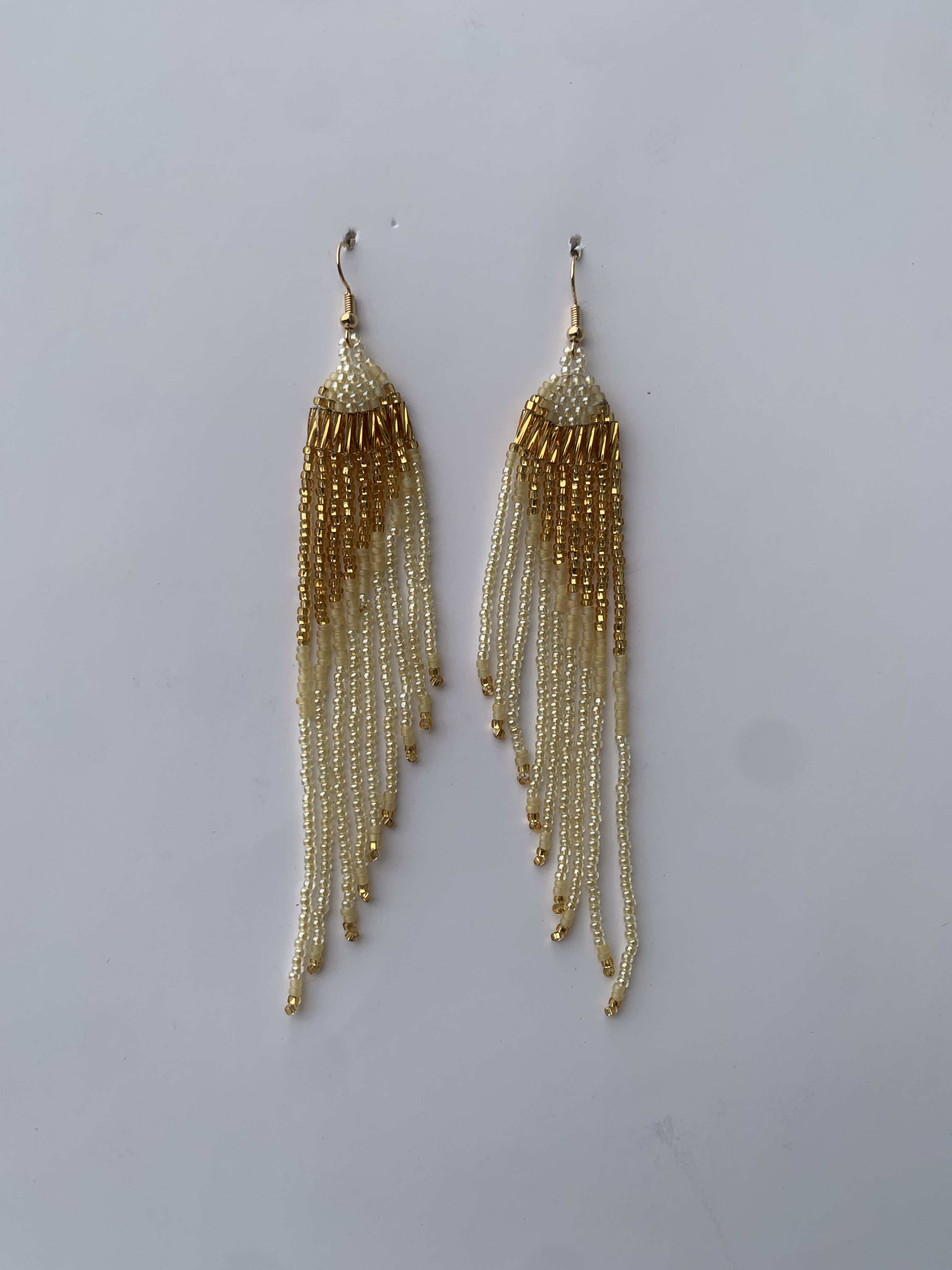 Obo Champagne Cascade — handmade gold, cream beaded fringe earrings by Rama, Ghana, Duncan BC