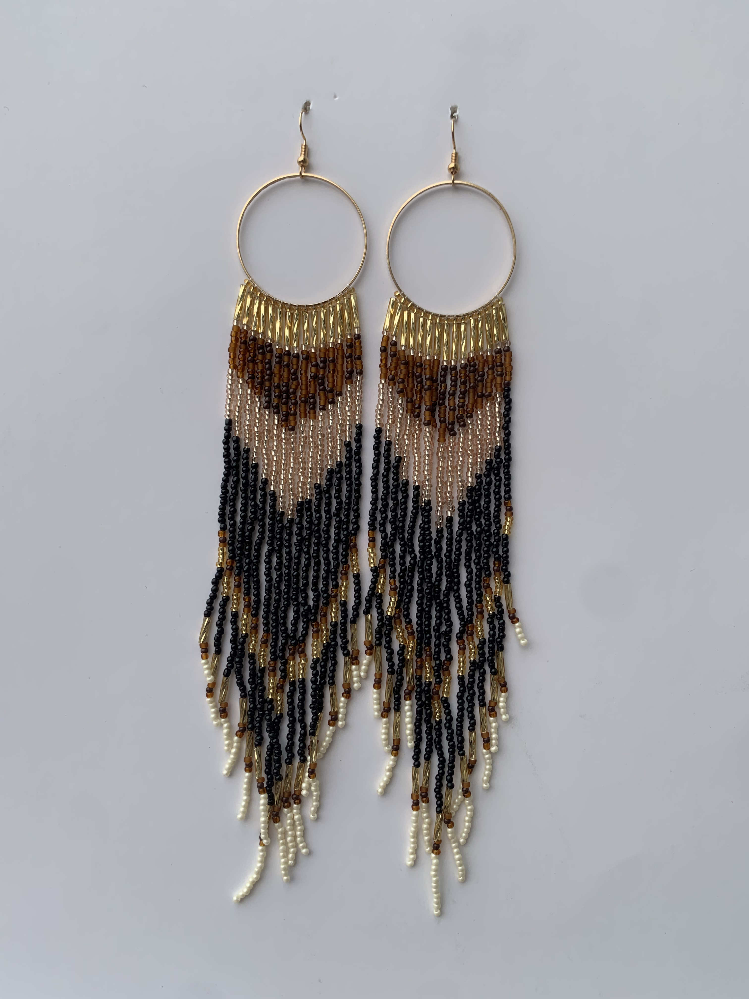 Abetifi Halo Fringe — handmade gold, black, cream beaded fringe earrings by Rama, Ghana, Duncan BC