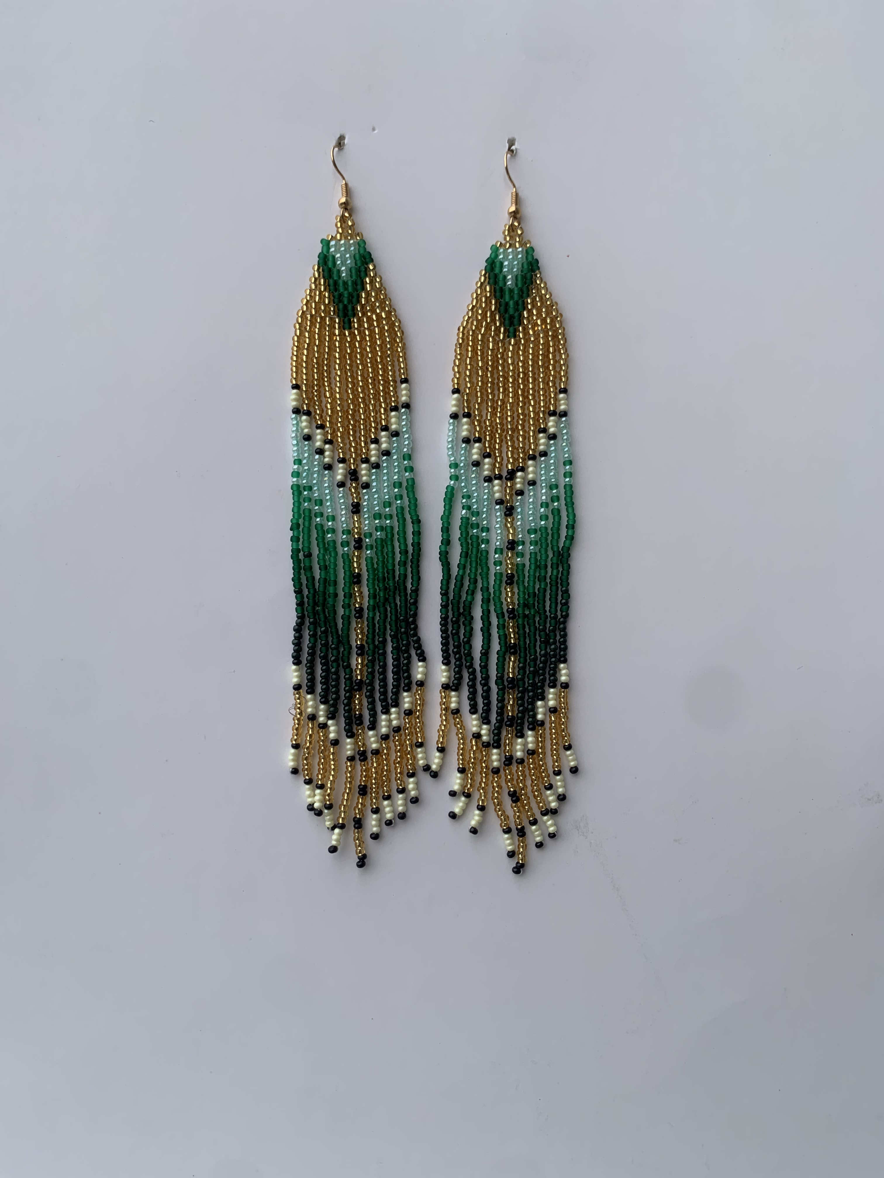 Pepease Olive Feather — handmade green, gold, cream beaded fringe earrings by Rama, Ghana, Duncan BC