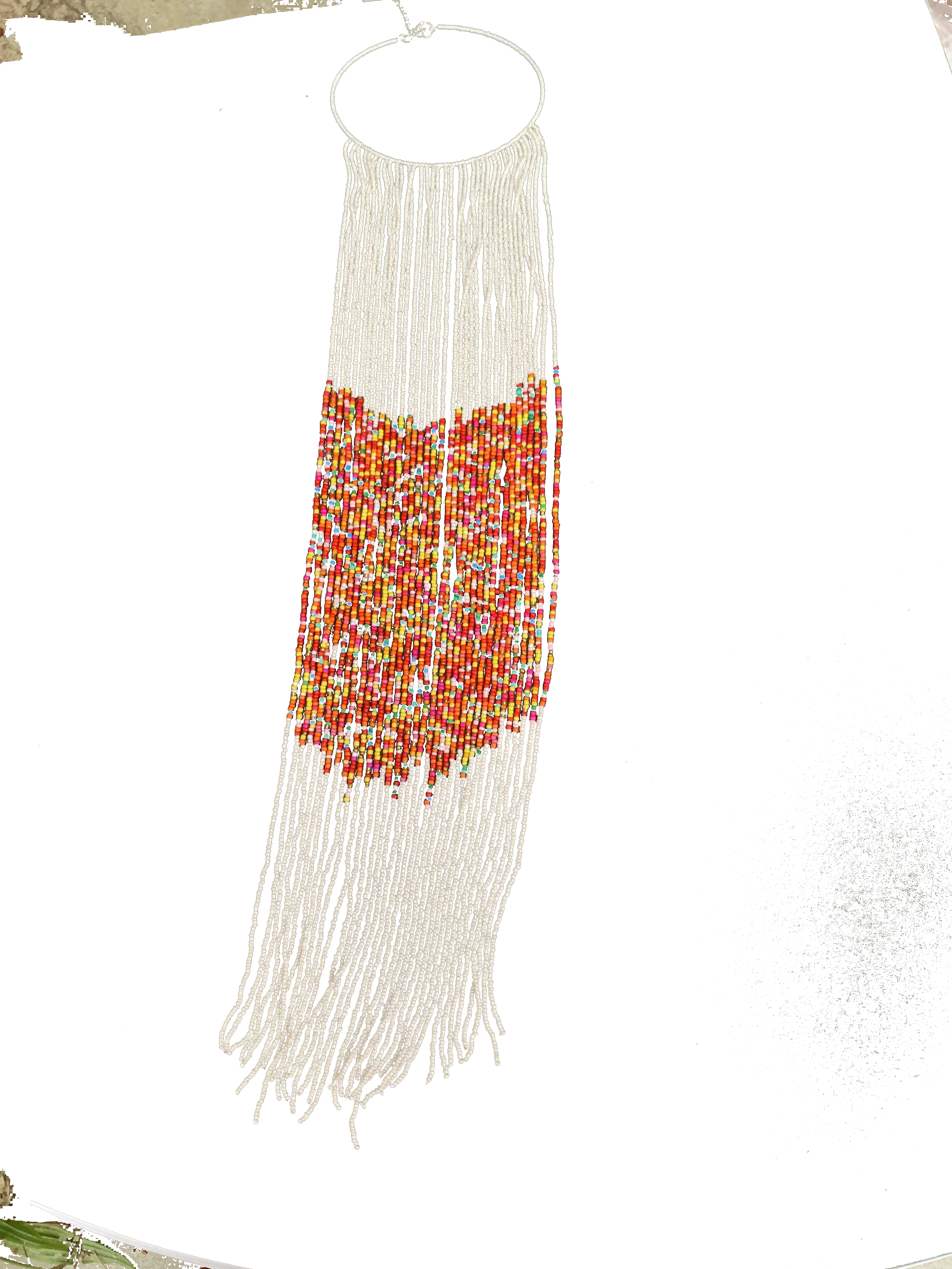 Jasikan Fringe Bib — handmade white, orange, fringe beaded statement necklace by Rama, Ghana, Duncan BC