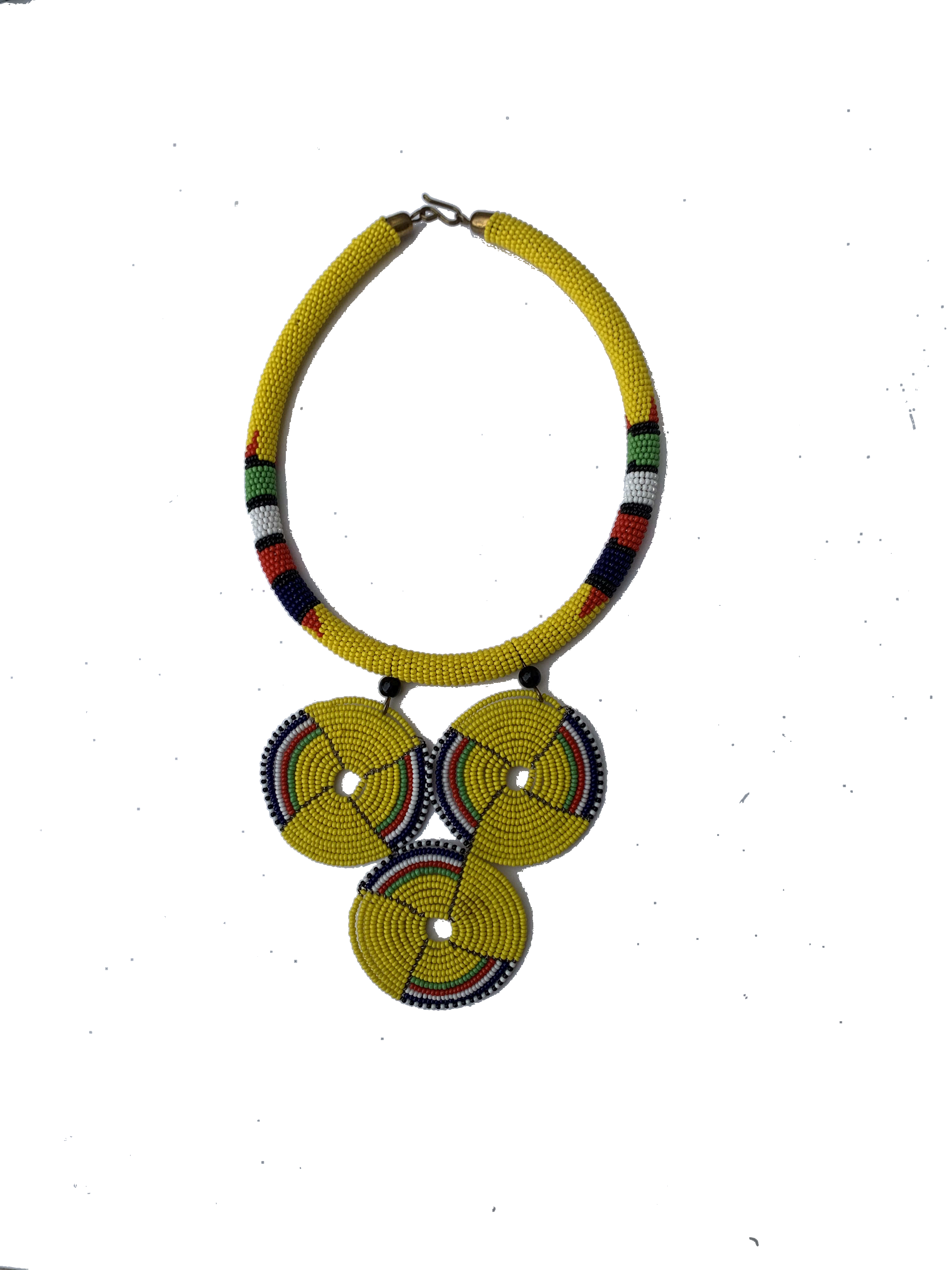 Goaso Sunflower Collar — handmade yellow, multicolor, disc beaded statement necklace by Rama, Ghana, Duncan BC