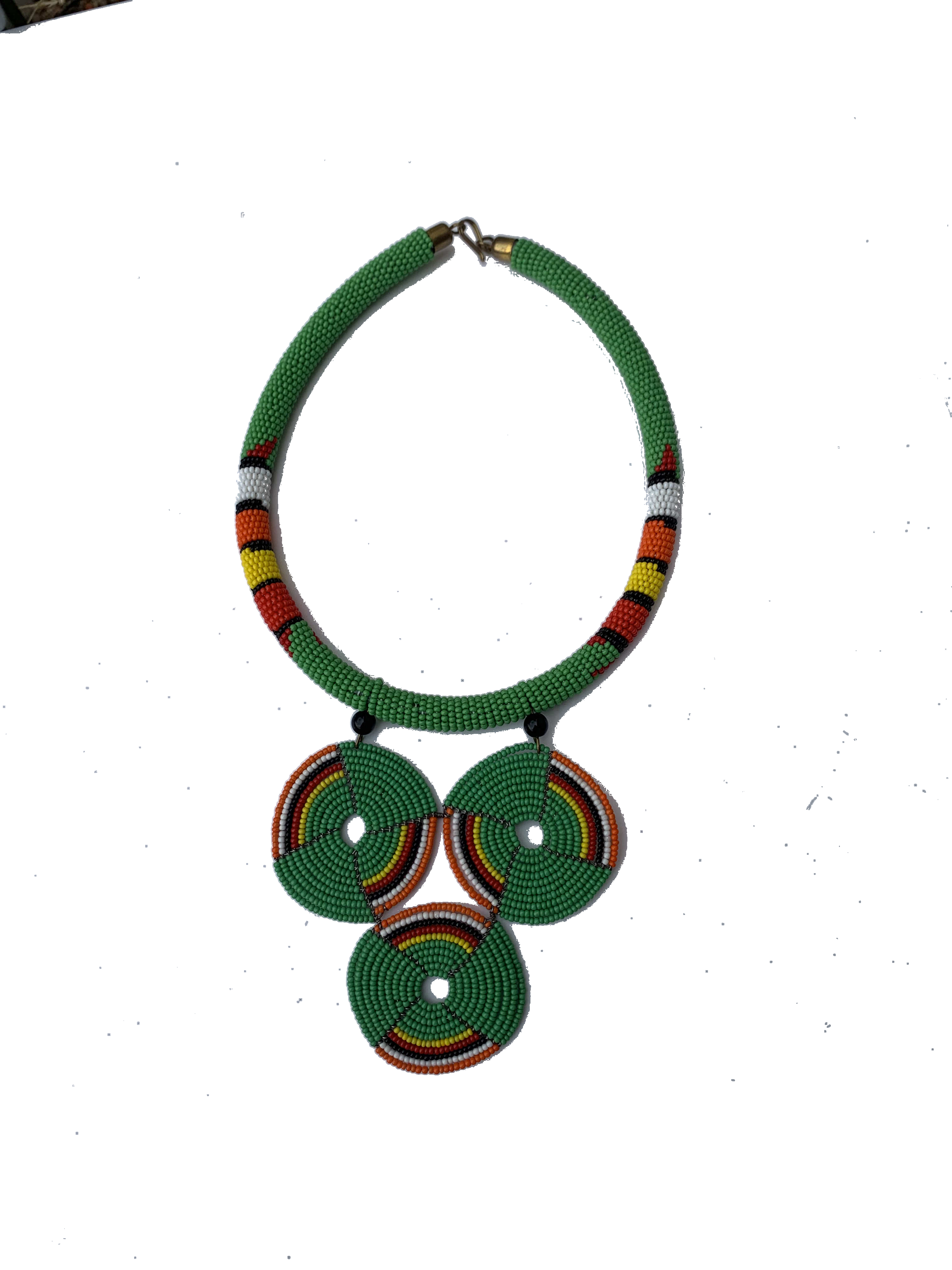 Half Assini Emerald Collar — handmade green, emerald, disc beaded statement necklace by Rama, Ghana, Duncan BC