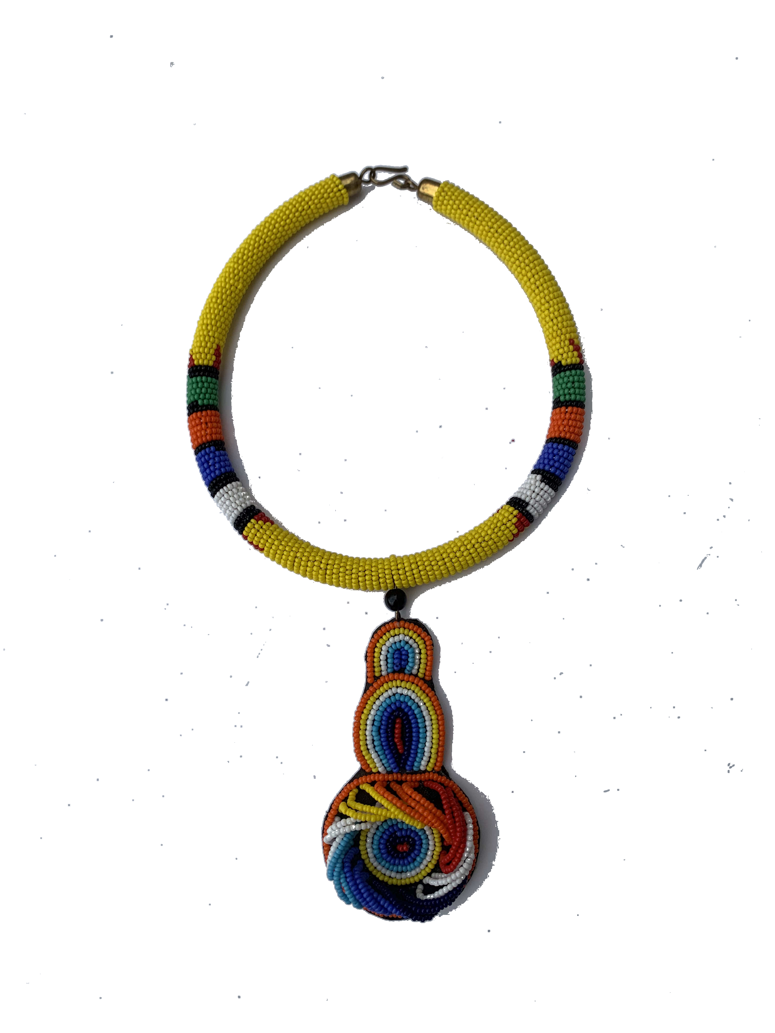 Kete Krachi Amber Collar — handmade yellow, amber, pendant beaded statement necklace by Rama, Ghana, Duncan BC