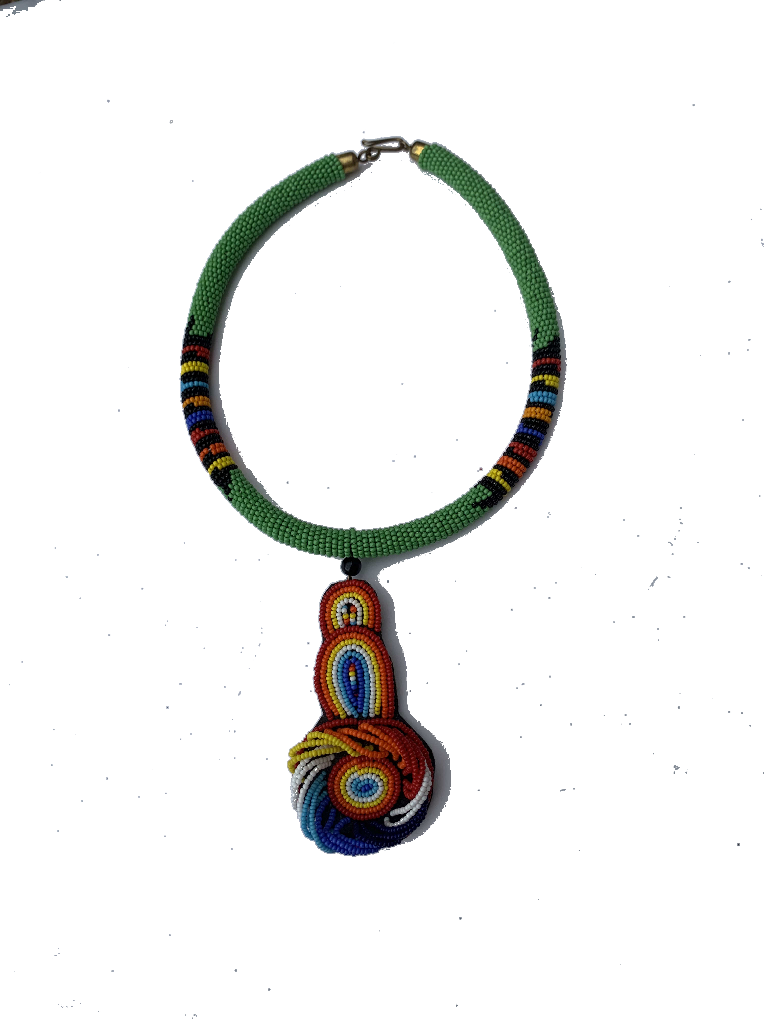Bimbilla Forest Collar — handmade green, forest, pendant beaded statement necklace by Rama, Ghana, Duncan BC