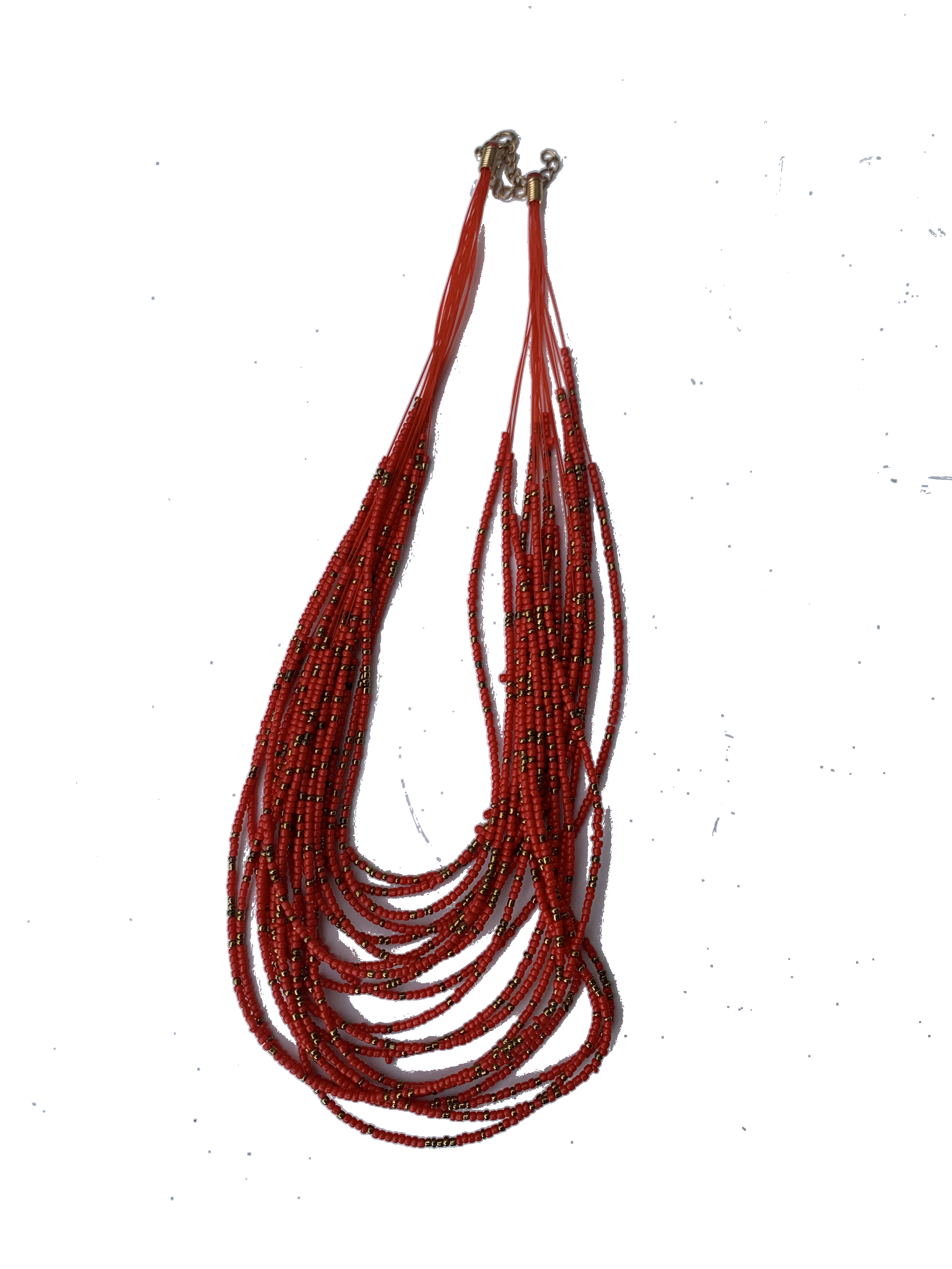 Nalerigu Sunset Strands — handmade orange, red, sunset beaded multi-strand necklace by Rama, Ghana, Duncan BC