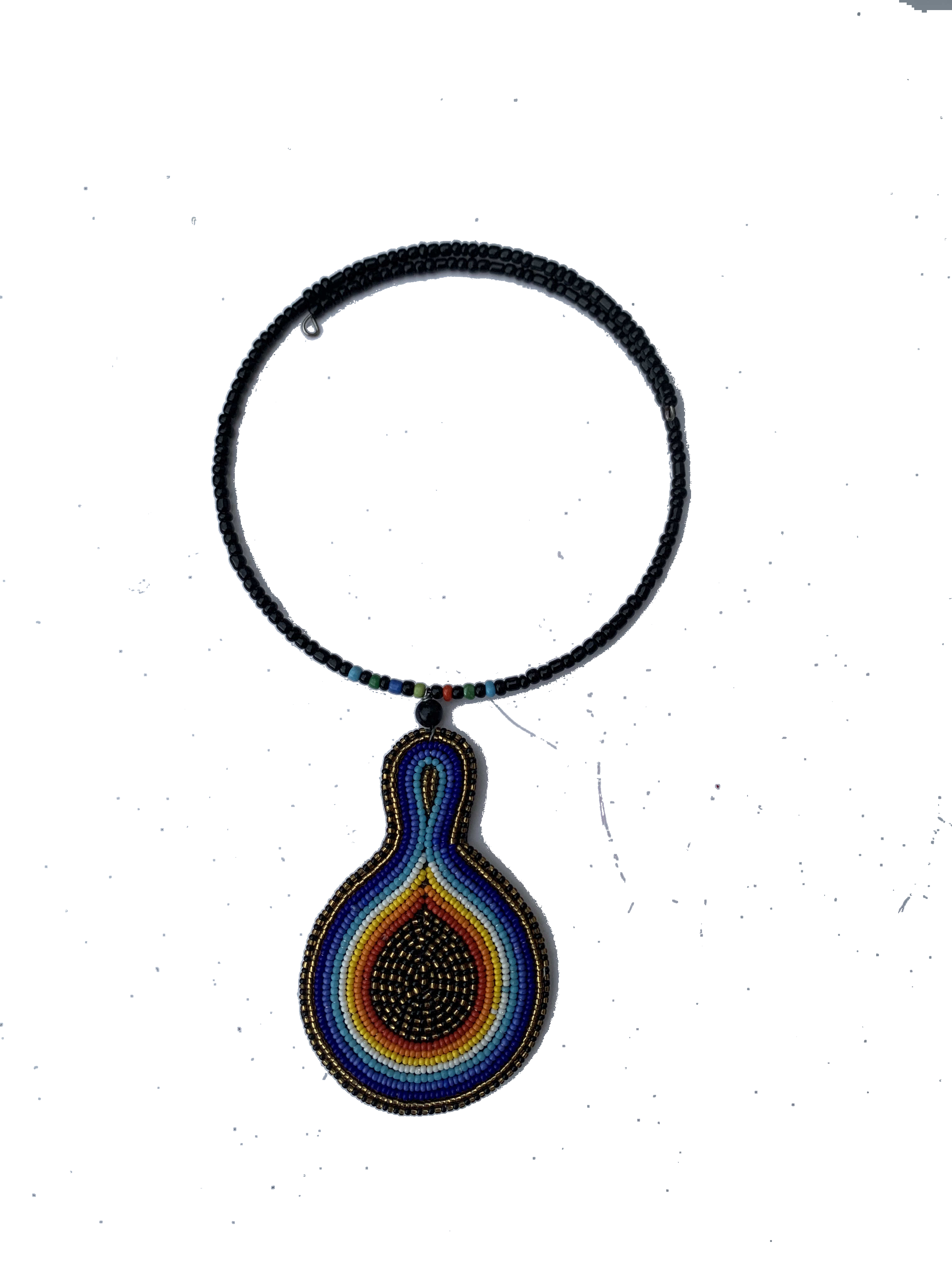 Chereponi Teardrop Collar — handmade black, blue, orange, teardrop beaded statement necklace by Rama, Ghana, Duncan BC