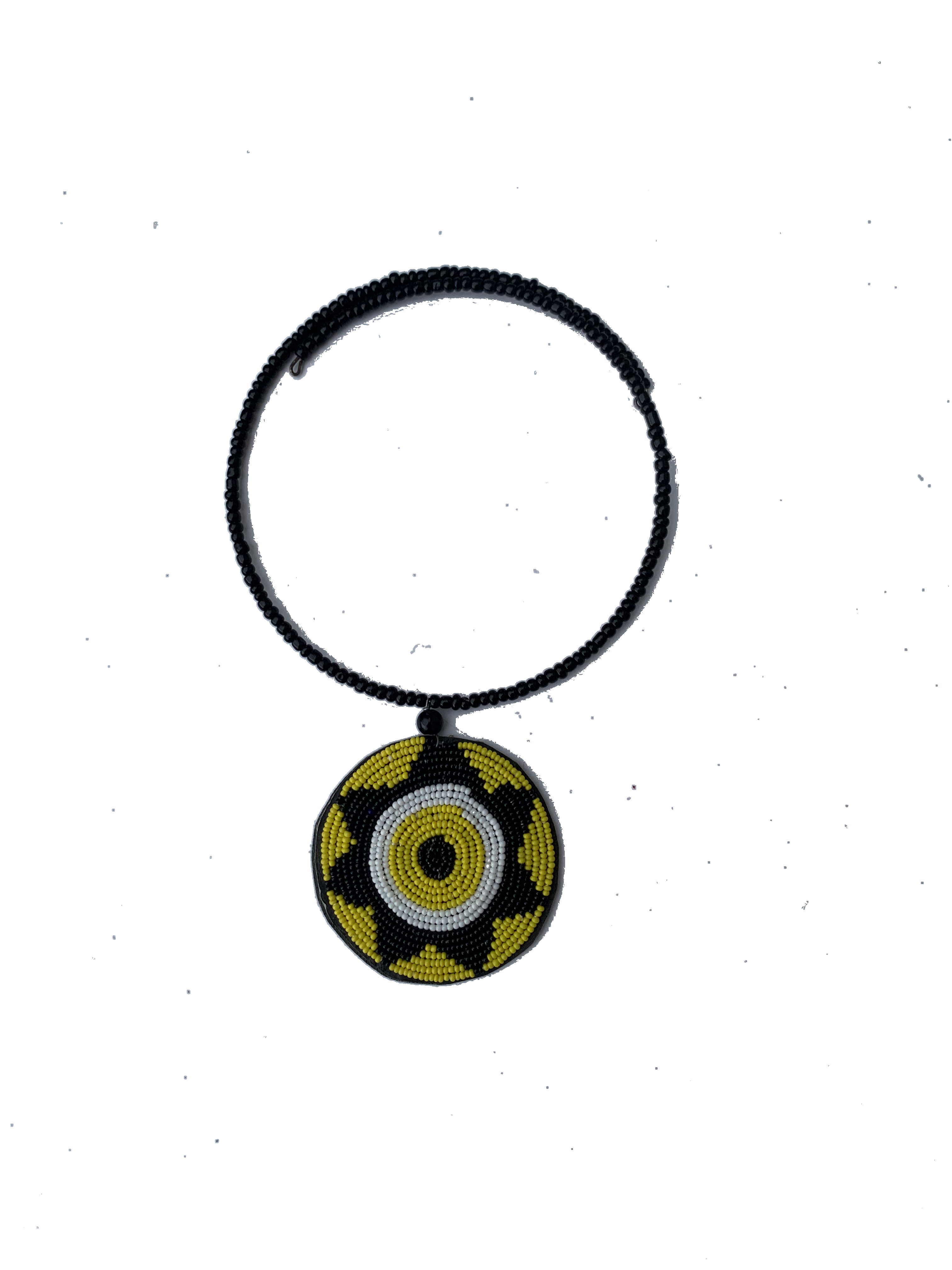 Saboba Sundisc Collar — handmade black, yellow, disc beaded statement necklace by Rama, Ghana, Duncan BC