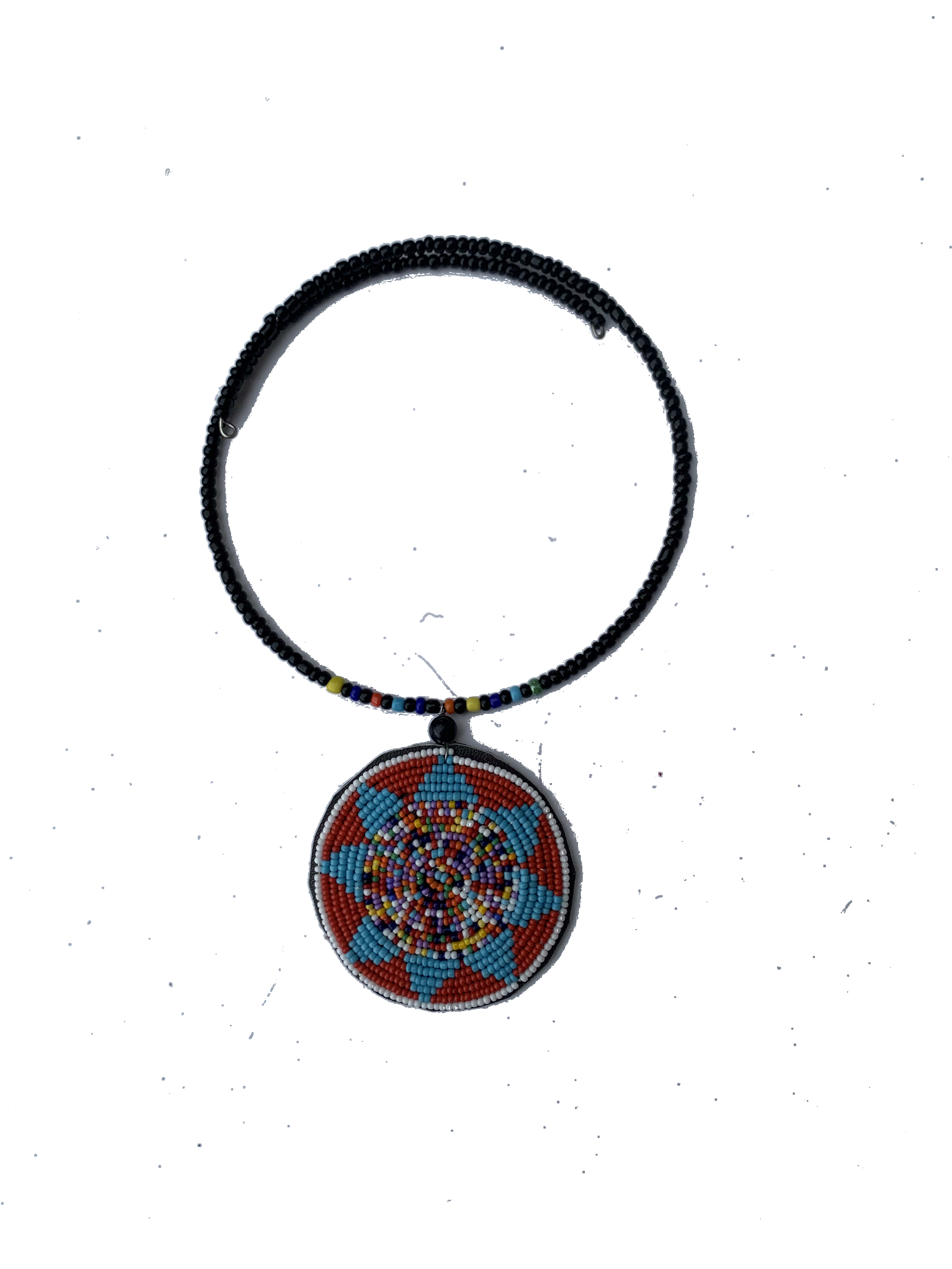 Tumu Mandala Collar — handmade black, orange, blue, mandala beaded statement necklace by Rama, Ghana, Duncan BC
