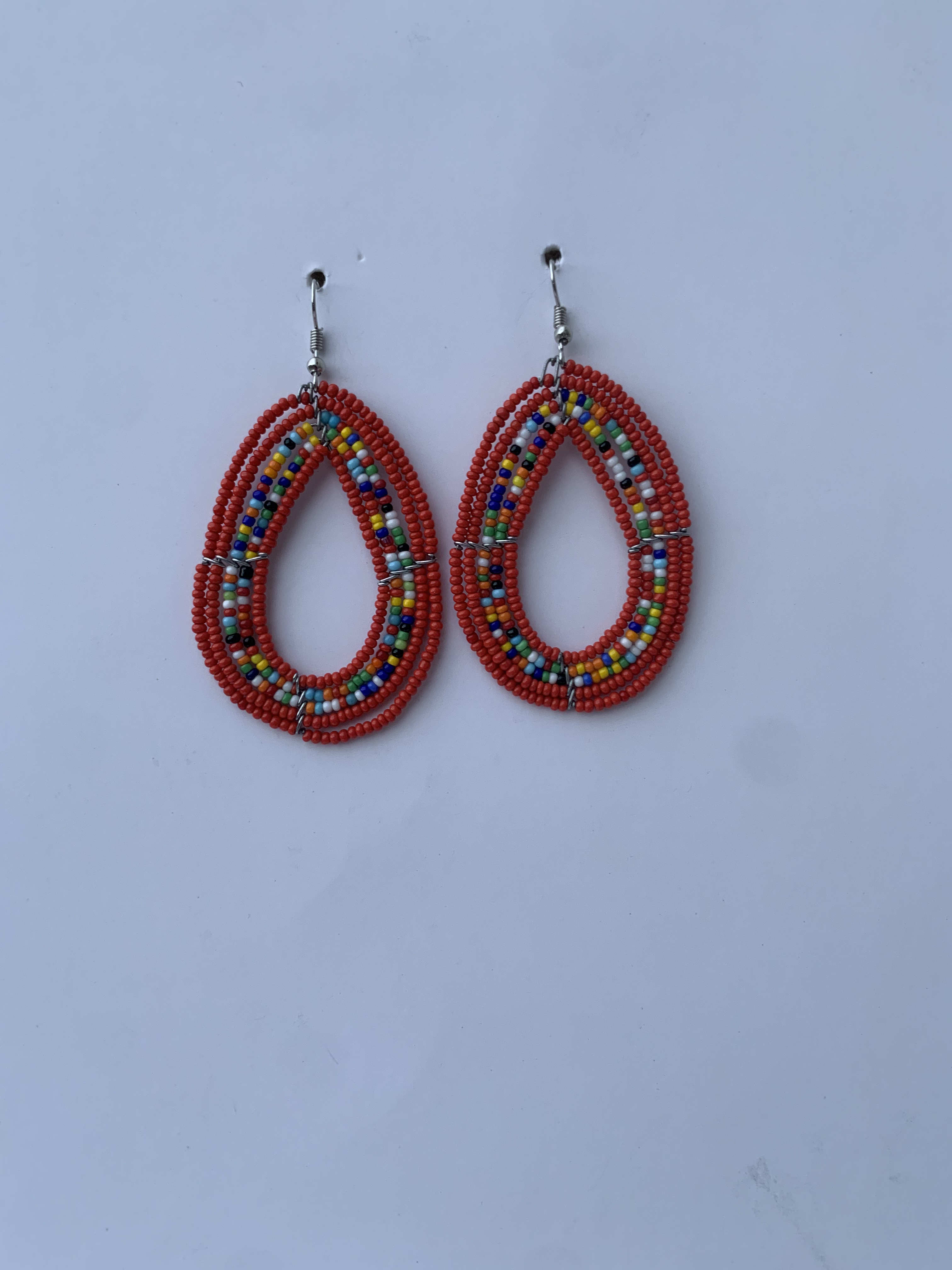 Kibi Scarlet Hoops — handmade red, multicolor beaded maasai hoop earrings by Rama, Ghana, Duncan BC