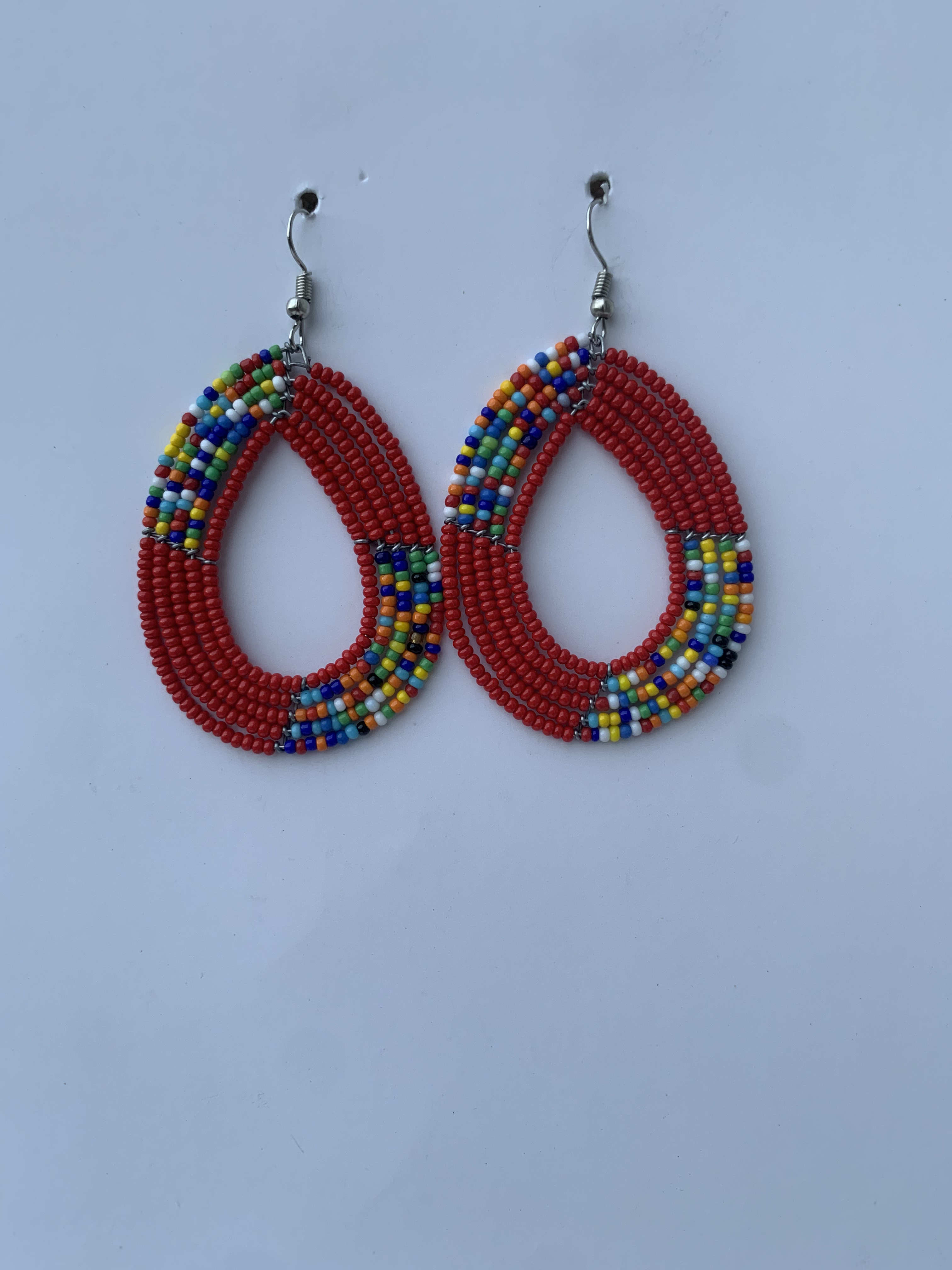 Kyebi Crimson Hoops — handmade red, multicolor beaded maasai hoop earrings by Rama, Ghana, Duncan BC