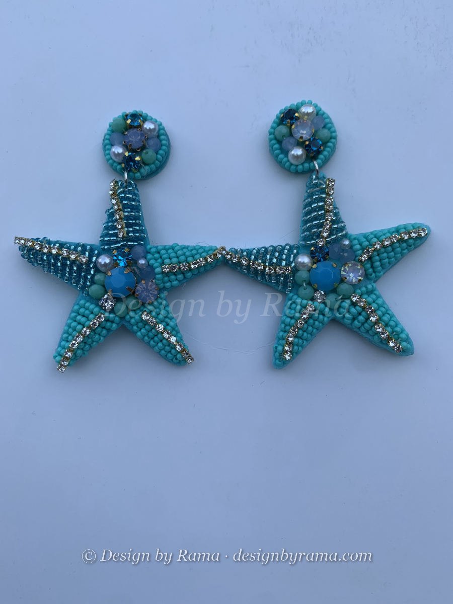 Large five-point starfish earrings in turquoise seed beads with rhinestone arm trim and crystal pearl cluster stud top.