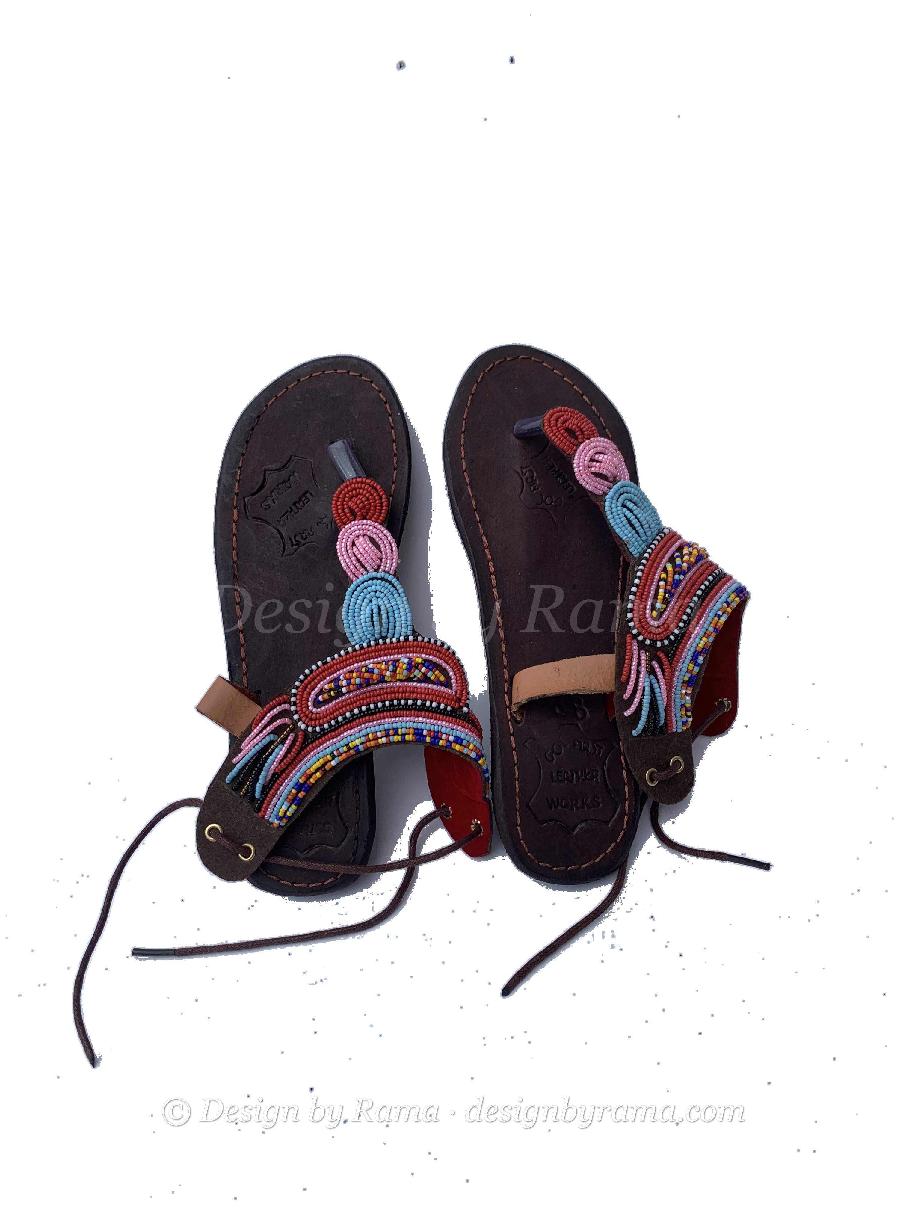Dunkwa Marigold Sandals — handmade orange, multicolor, leather beaded leather sandals by Rama, Ghana, Duncan BC