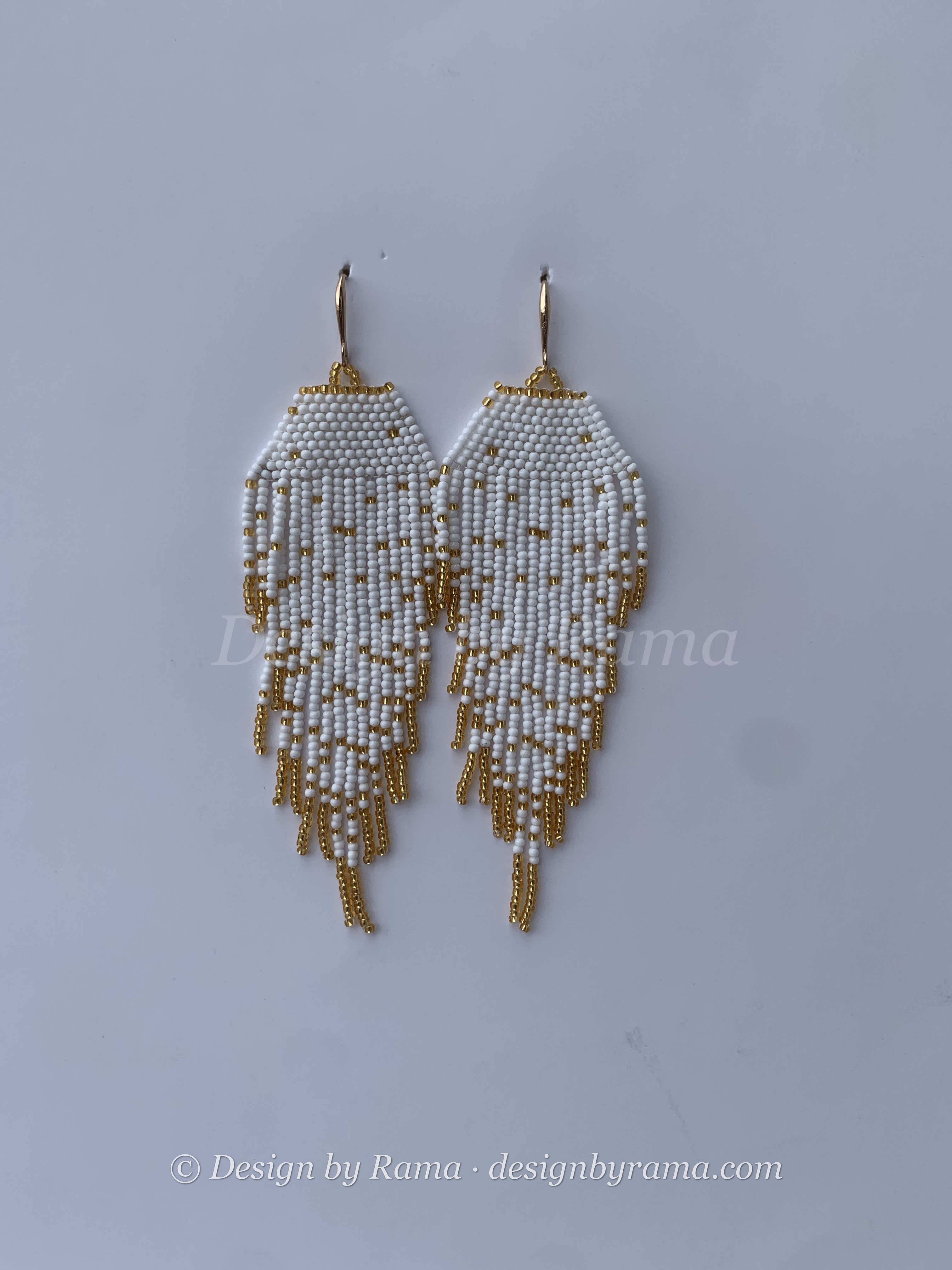 Mampong Ivory Wing — handmade ivory, gold, cream beaded fringe earrings by Rama, Ghana, Duncan BC