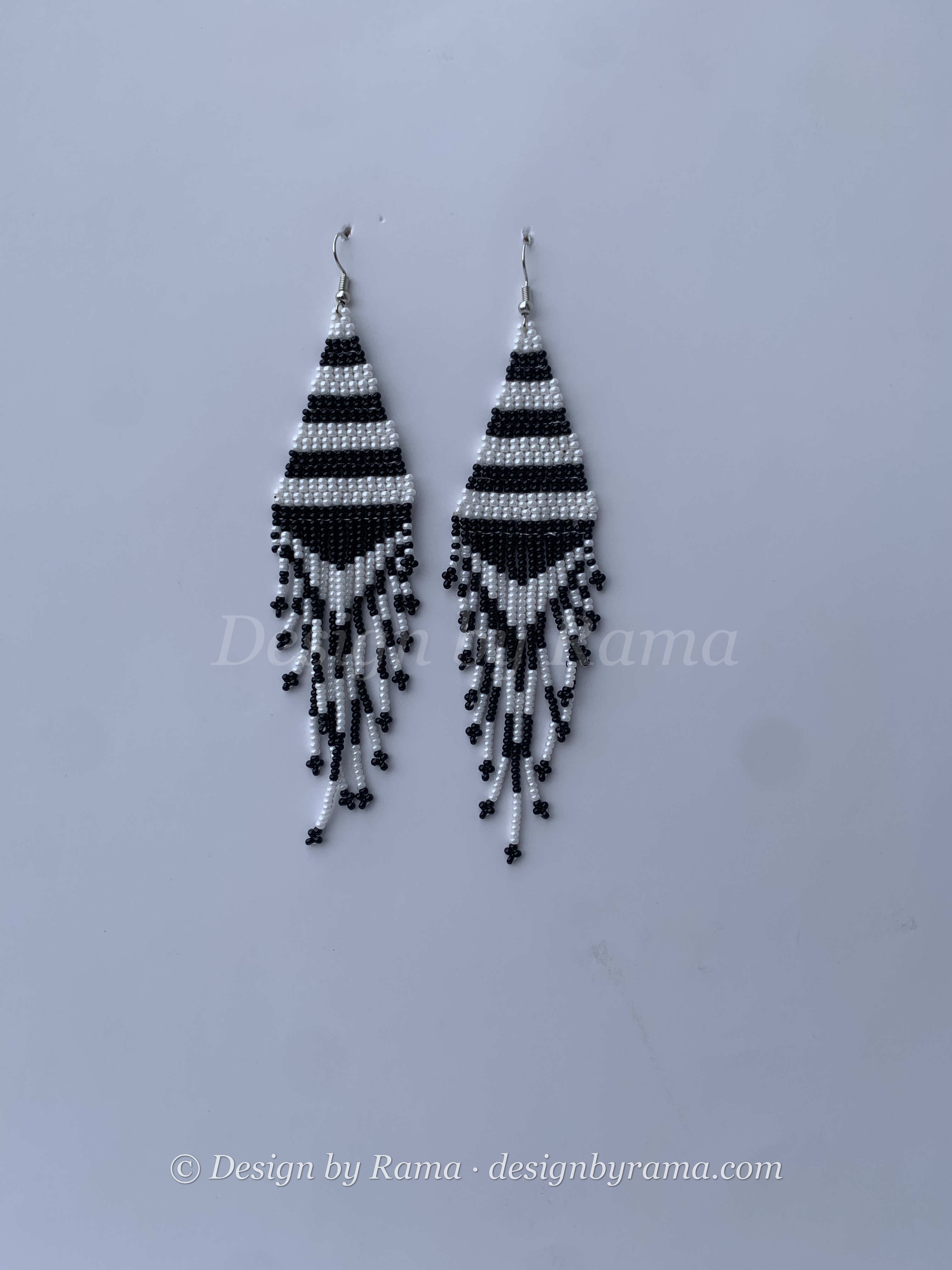Agogo Domino Fringe — handmade black, white beaded fringe earrings by Rama, Ghana, Duncan BC