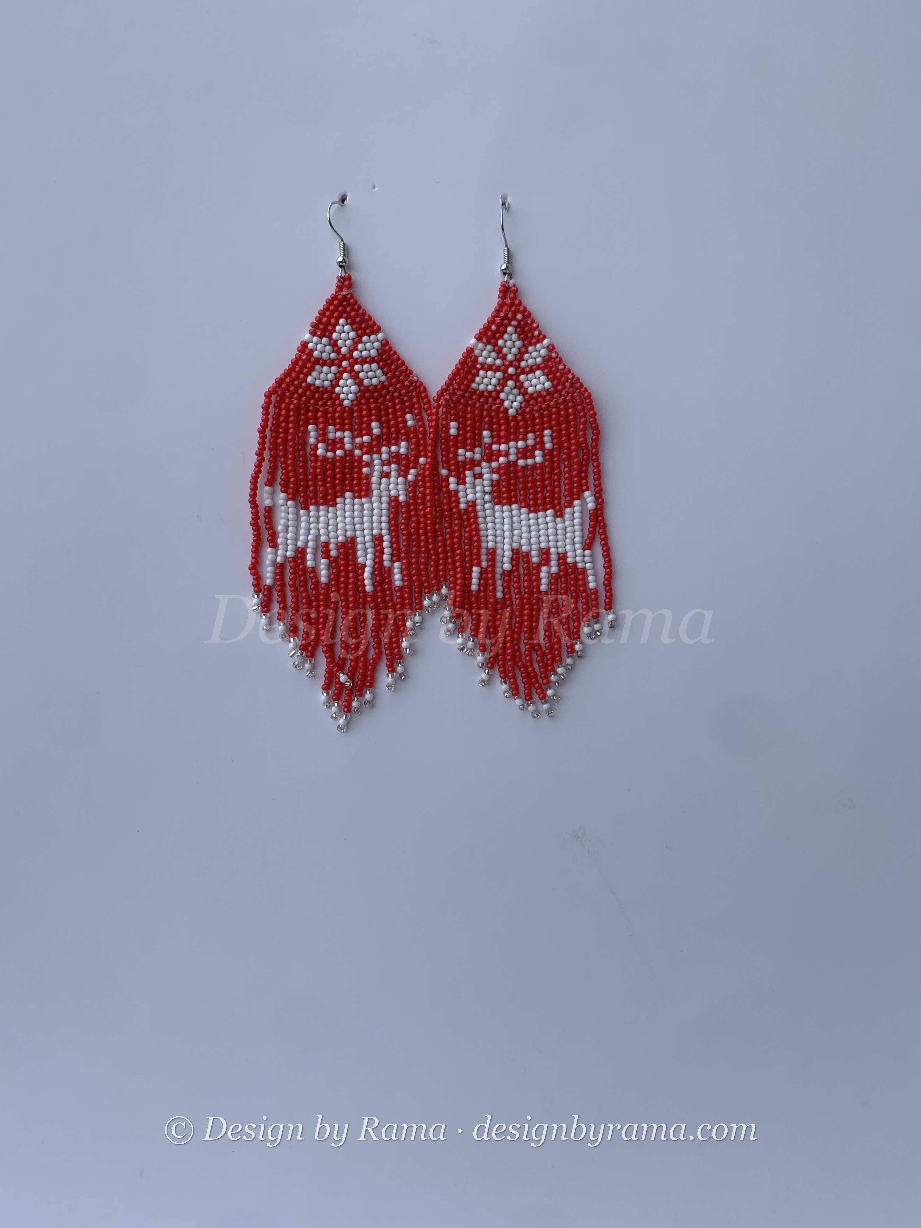 Konongo Snowflake Fringe — handmade red, white beaded fringe earrings by Rama, Ghana, Duncan BC