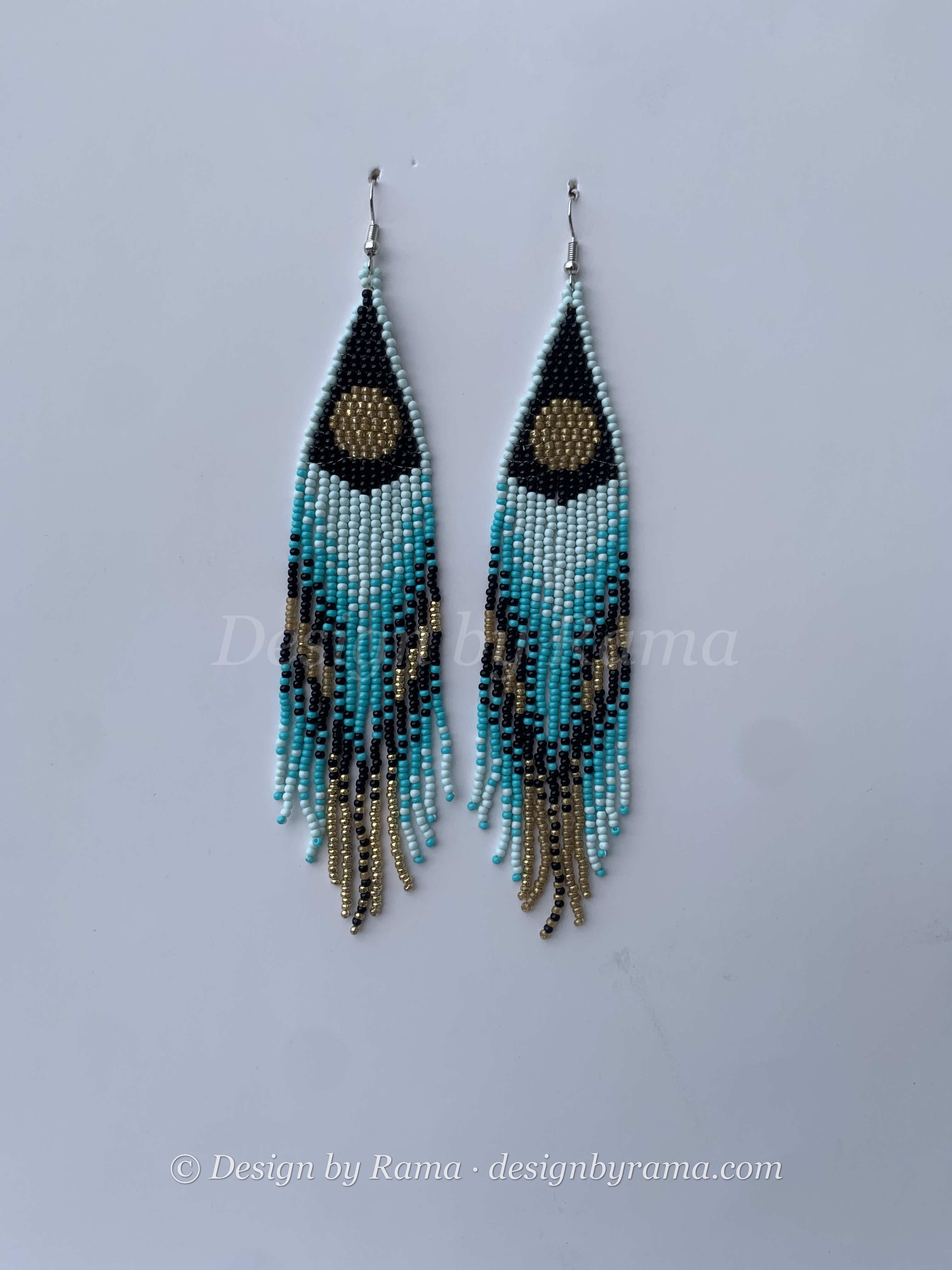 Ejura Peacock Feather — handmade teal, black, gold beaded fringe earrings by Rama, Ghana, Duncan BC