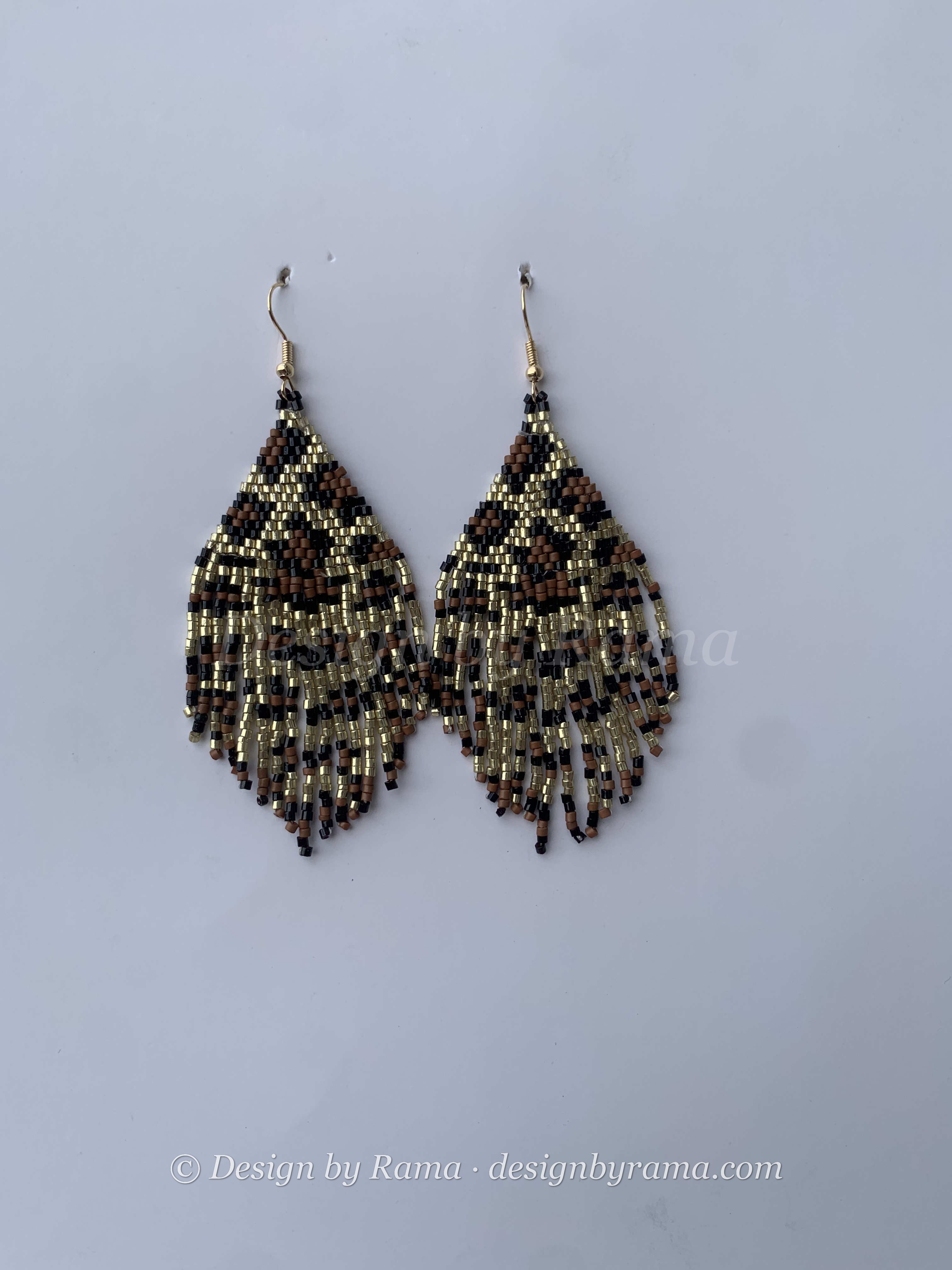 Effiduase Gilded Feather — handmade gold, black beaded fringe earrings by Rama, Ghana, Duncan BC