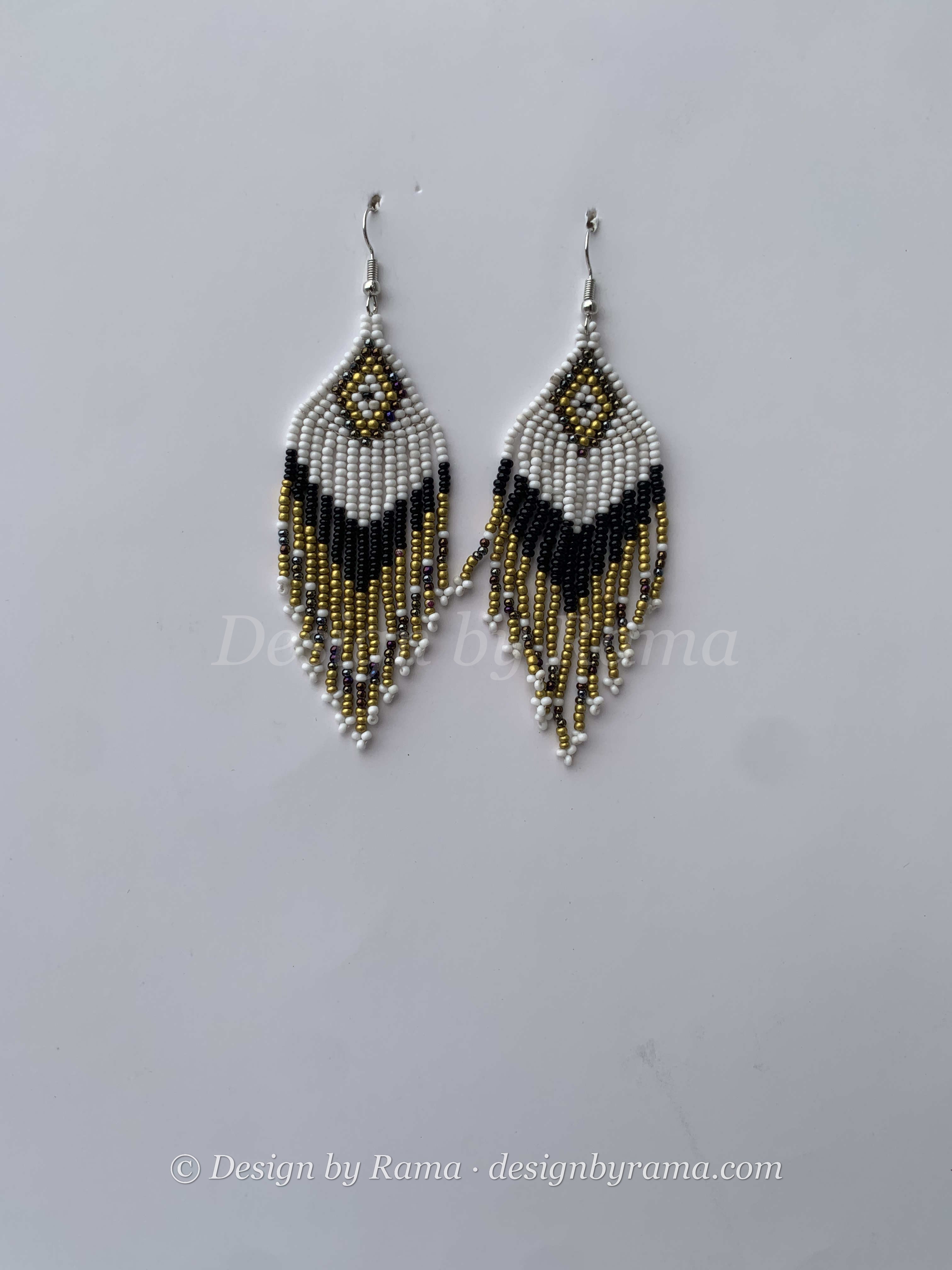 Esiama Pharaoh Feather — handmade white, gold, black beaded fringe earrings by Rama, Ghana, Duncan BC