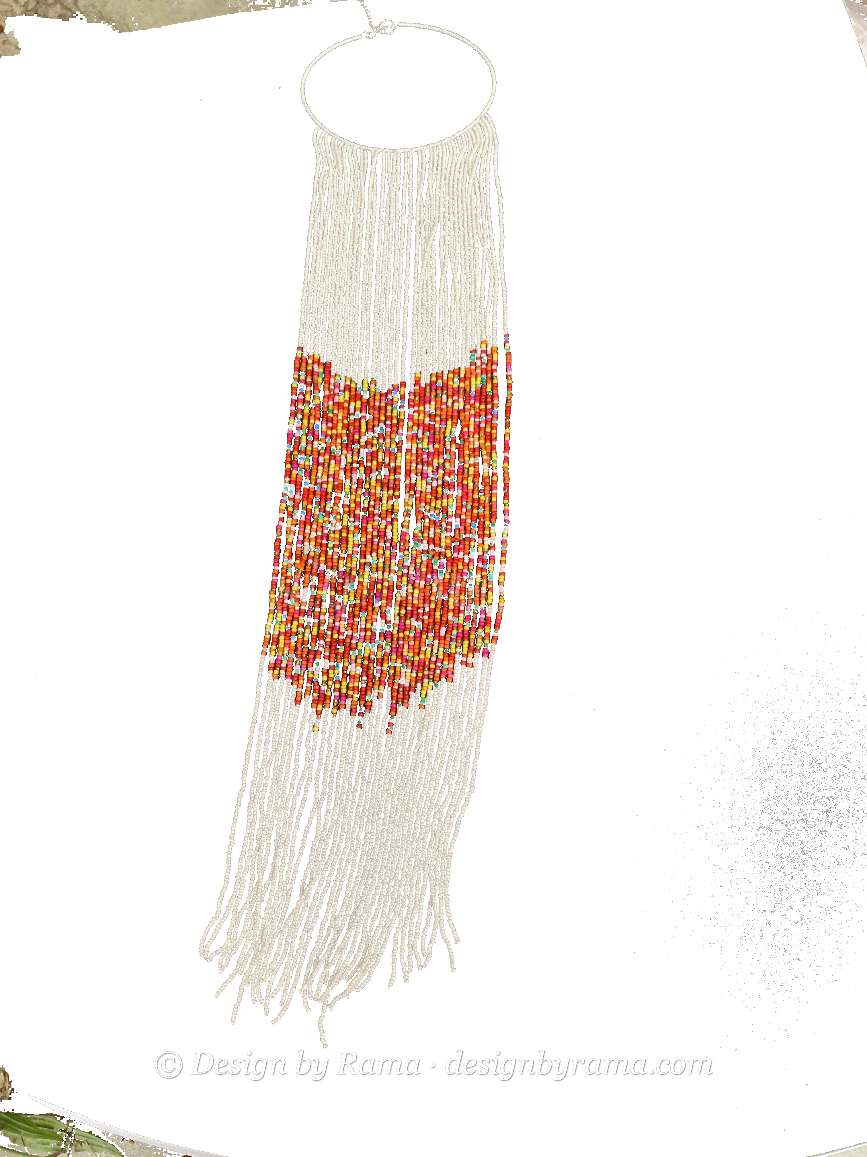 Jasikan Fringe Bib — handmade white, orange, fringe beaded statement necklace by Rama, Ghana, Duncan BC