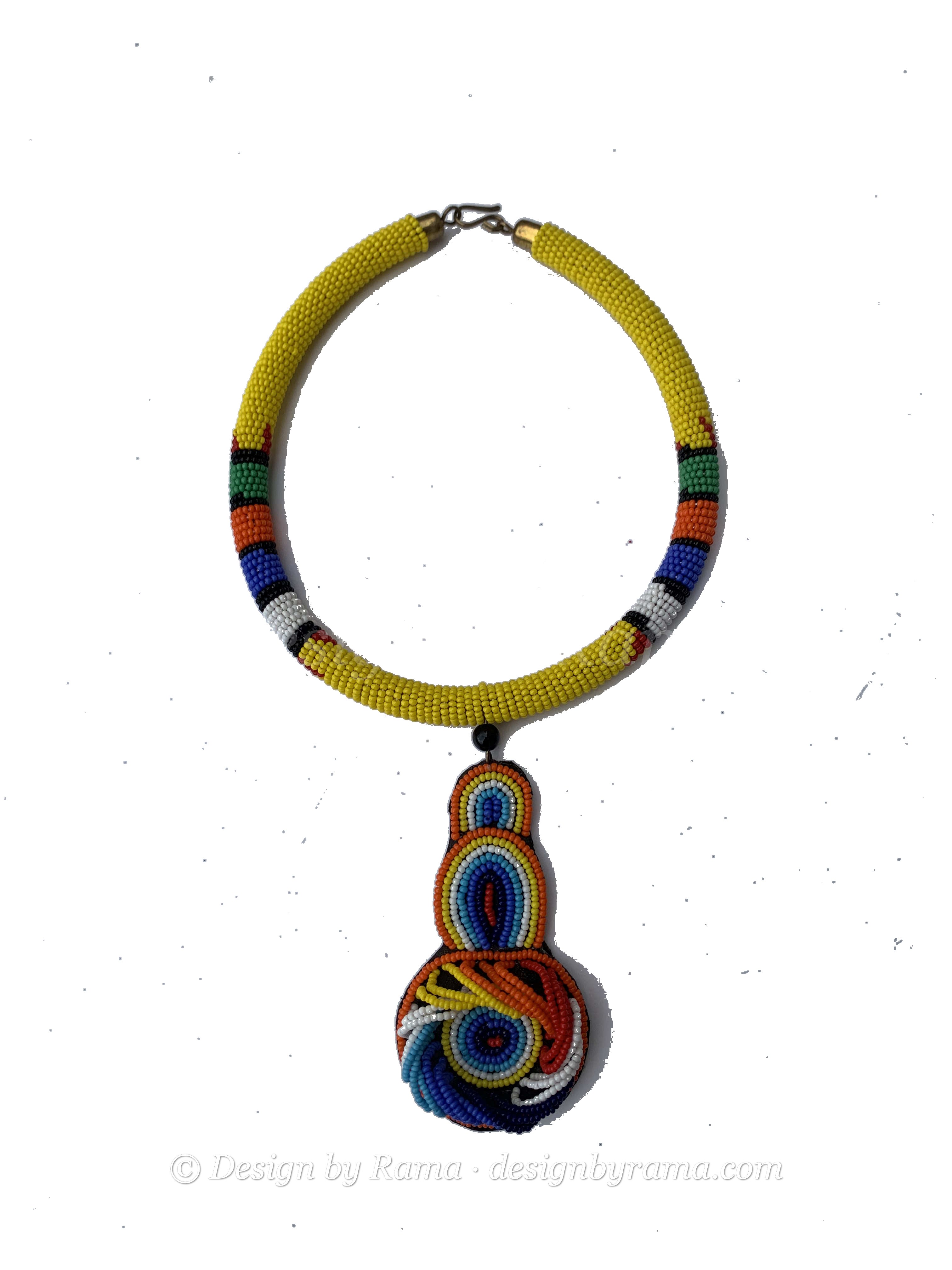 Kete Krachi Amber Collar — handmade yellow, amber, pendant beaded statement necklace by Rama, Ghana, Duncan BC