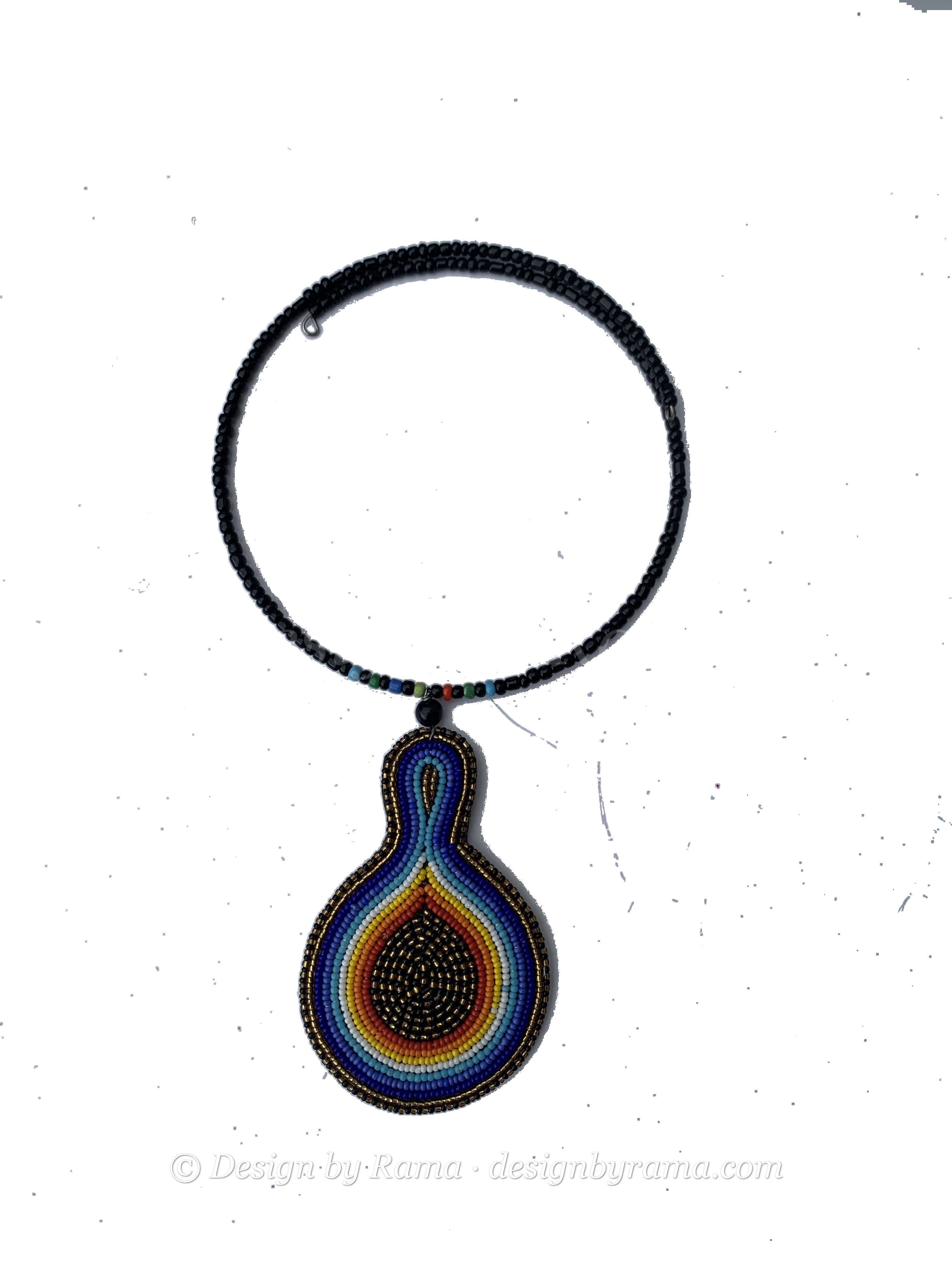 Chereponi Teardrop Collar — handmade black, blue, orange, teardrop beaded statement necklace by Rama, Ghana, Duncan BC