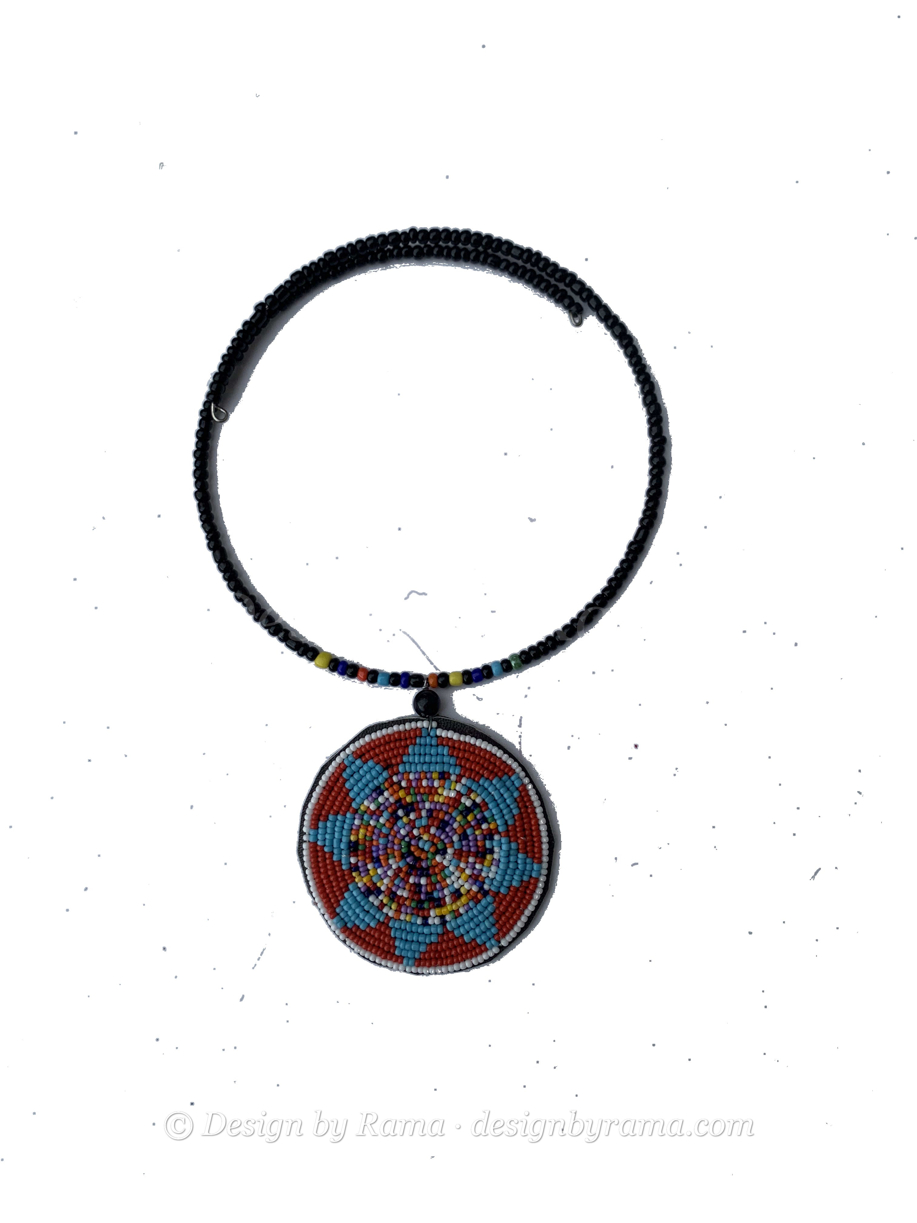 Tumu Mandala Collar — handmade black, orange, blue, mandala beaded statement necklace by Rama, Ghana, Duncan BC