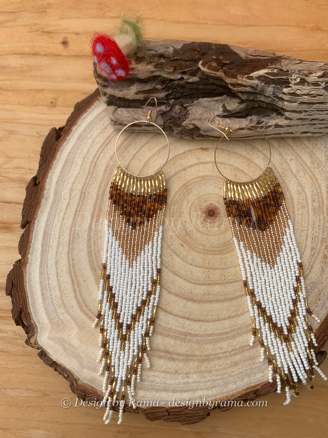 Akuse Ivory Arrow Hoops — handmade ivory white, brown, gold beaded hoop earrings by Rama, Ghana beads, Duncan BC