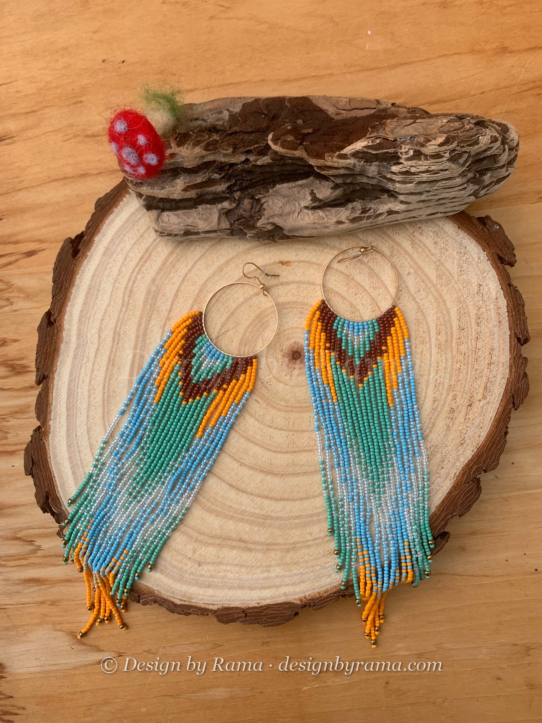 Amedzofe Sky Fringe — handmade light blue, teal, orange, brown beaded hoop earrings by Rama, Ghana beads, Duncan BC