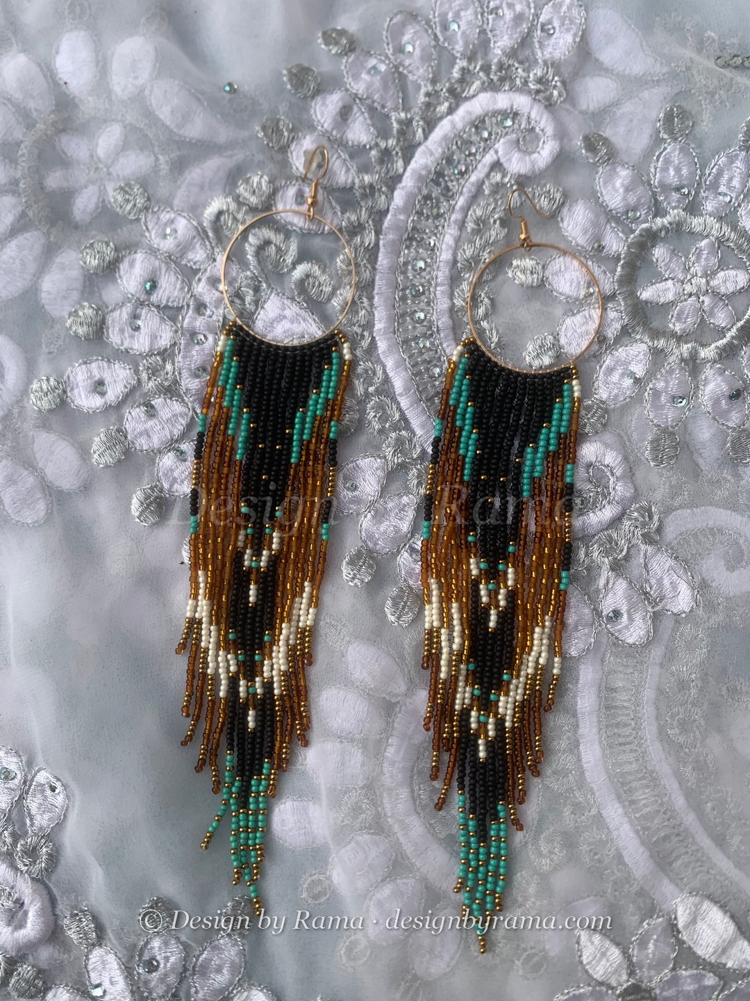 Anyako Mocha Teal Hoops — handmade brown, black, teal, cream beaded hoop earrings by Rama, Ghana beads, Duncan BC