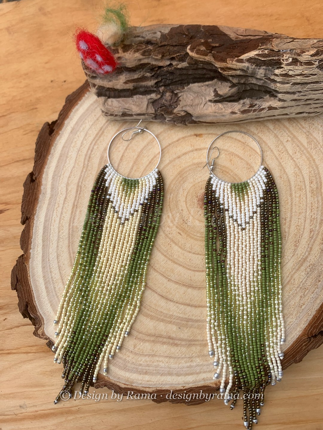 Atimpoku Olive Fringe — handmade olive green, cream, white beaded fringe earrings by Rama, Ghana beads, Duncan BC