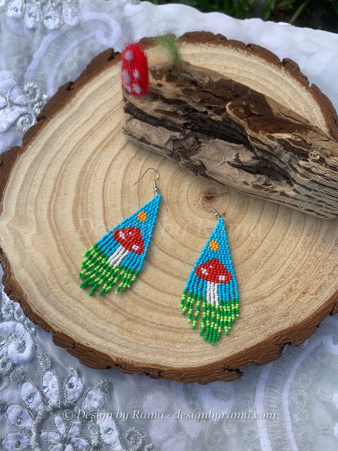 Bongo Toadstool Meadow — handmade sky blue, red, white, green beaded novelty earrings by Rama, Ghana beads, Duncan BC