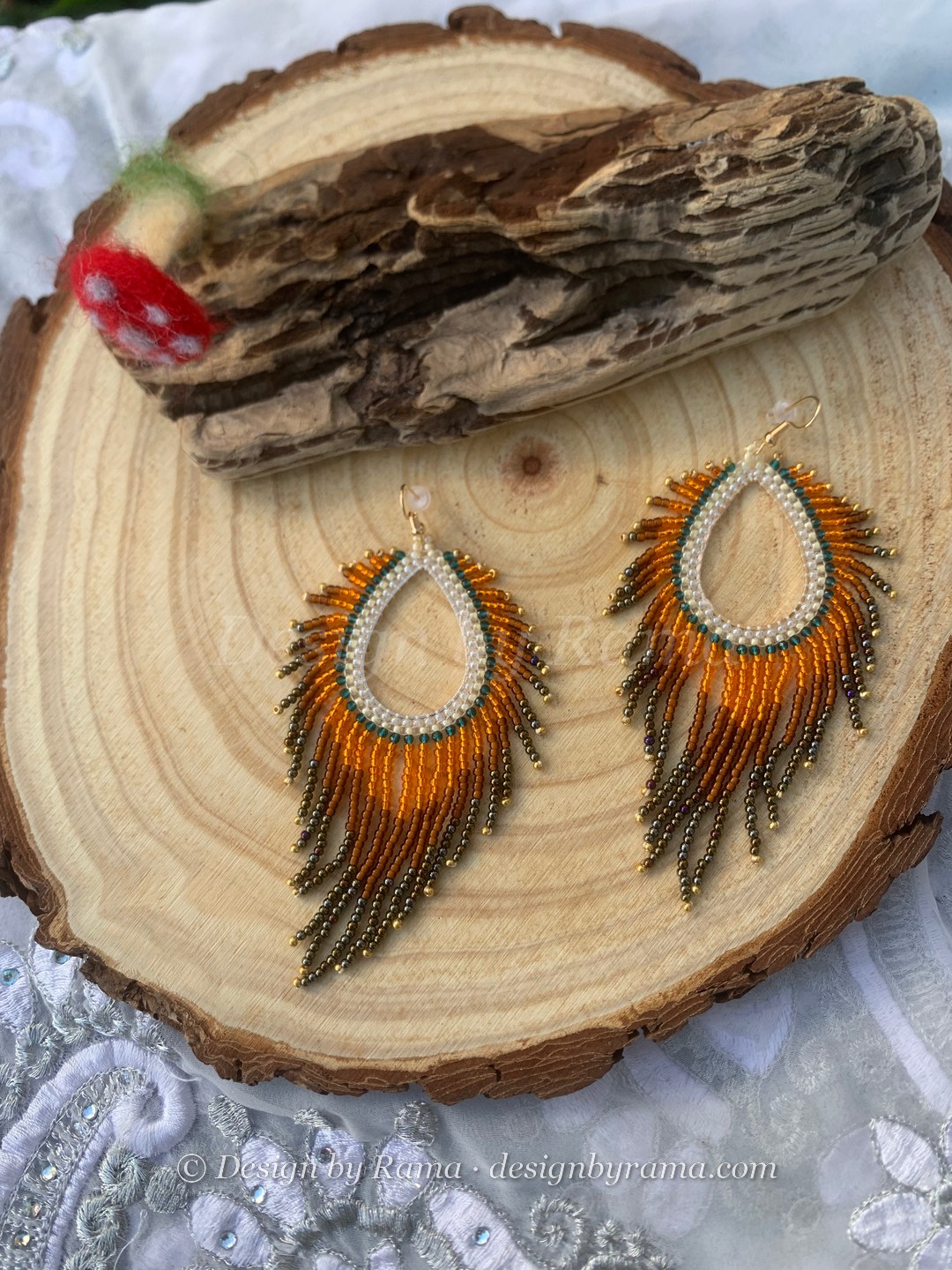 Chiana Amber Plume — handmade amber orange, brown, white beaded earrings by Rama, Ghana beads, Duncan BC