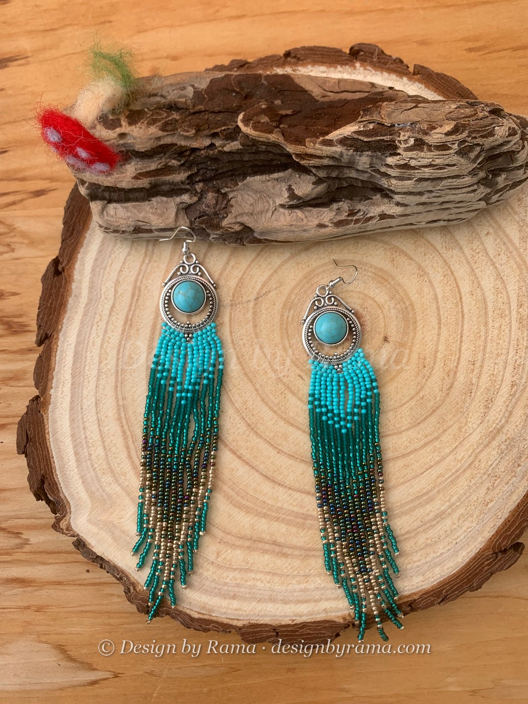 Juapong Turquoise Stone Fringe — handmade turquoise, teal, black, gold beaded fringe earrings by Rama, Ghana beads, Duncan BC