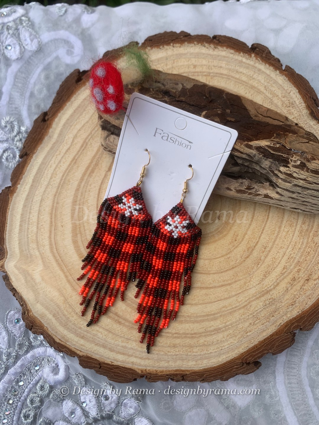 Kpetoe Plaid Snowflake Fringe — handmade red, black, white beaded fringe earrings by Rama, Ghana beads, Duncan BC