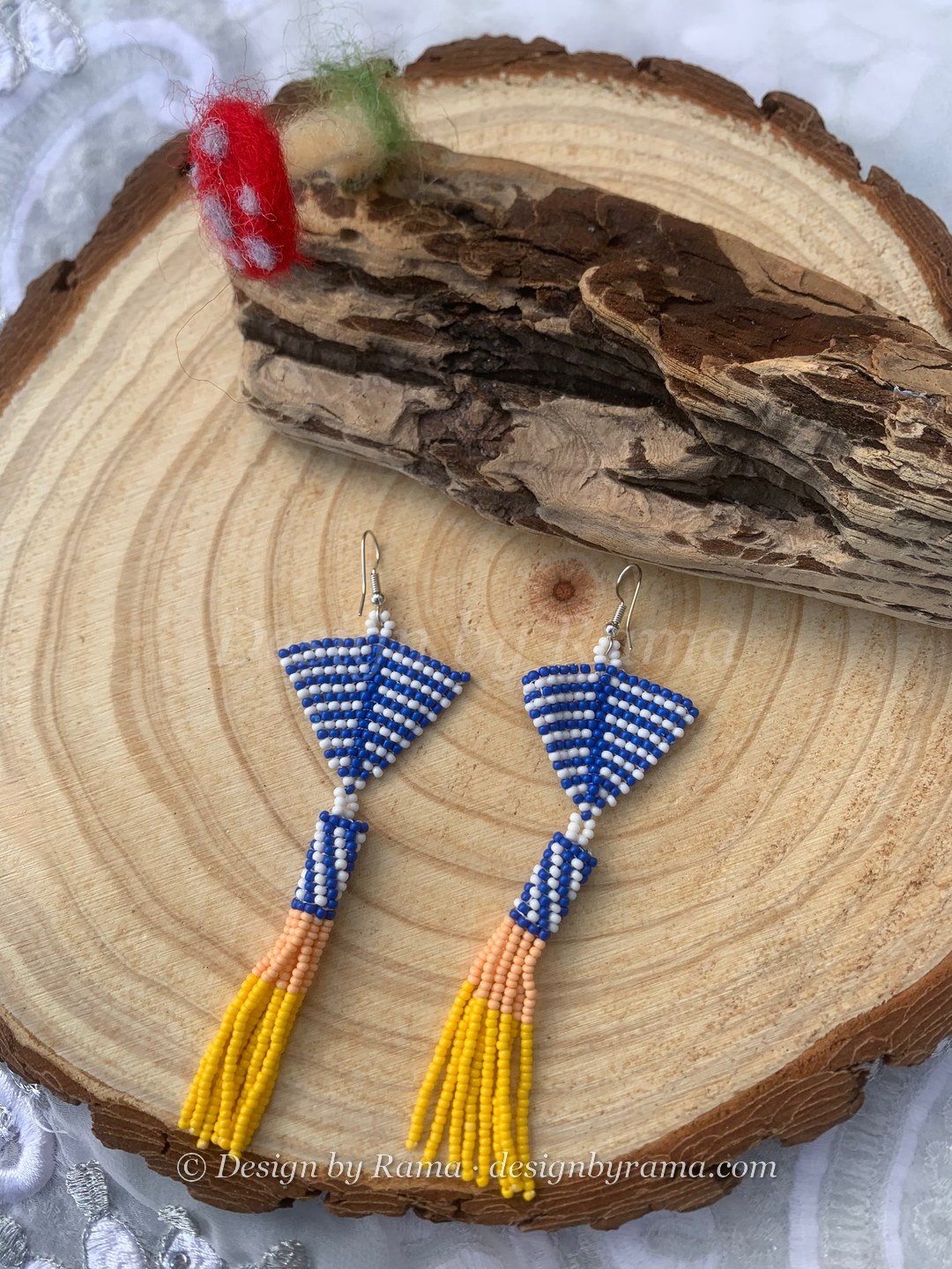 Moree Sailor Tassel — handmade blue, white, yellow, peach beaded earrings by Rama, Ghana beads, Duncan BC