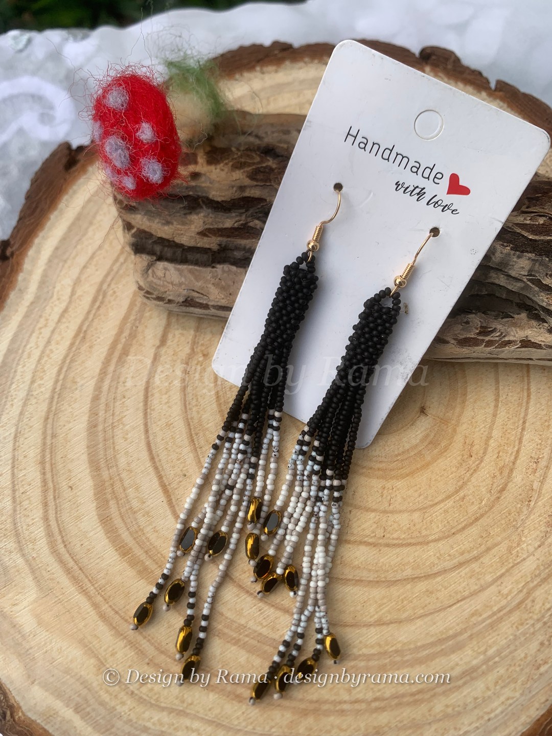 Mumford Night Drop Fringe — handmade black, white, silver, gold beaded long earrings by Rama, Ghana beads, Duncan BC