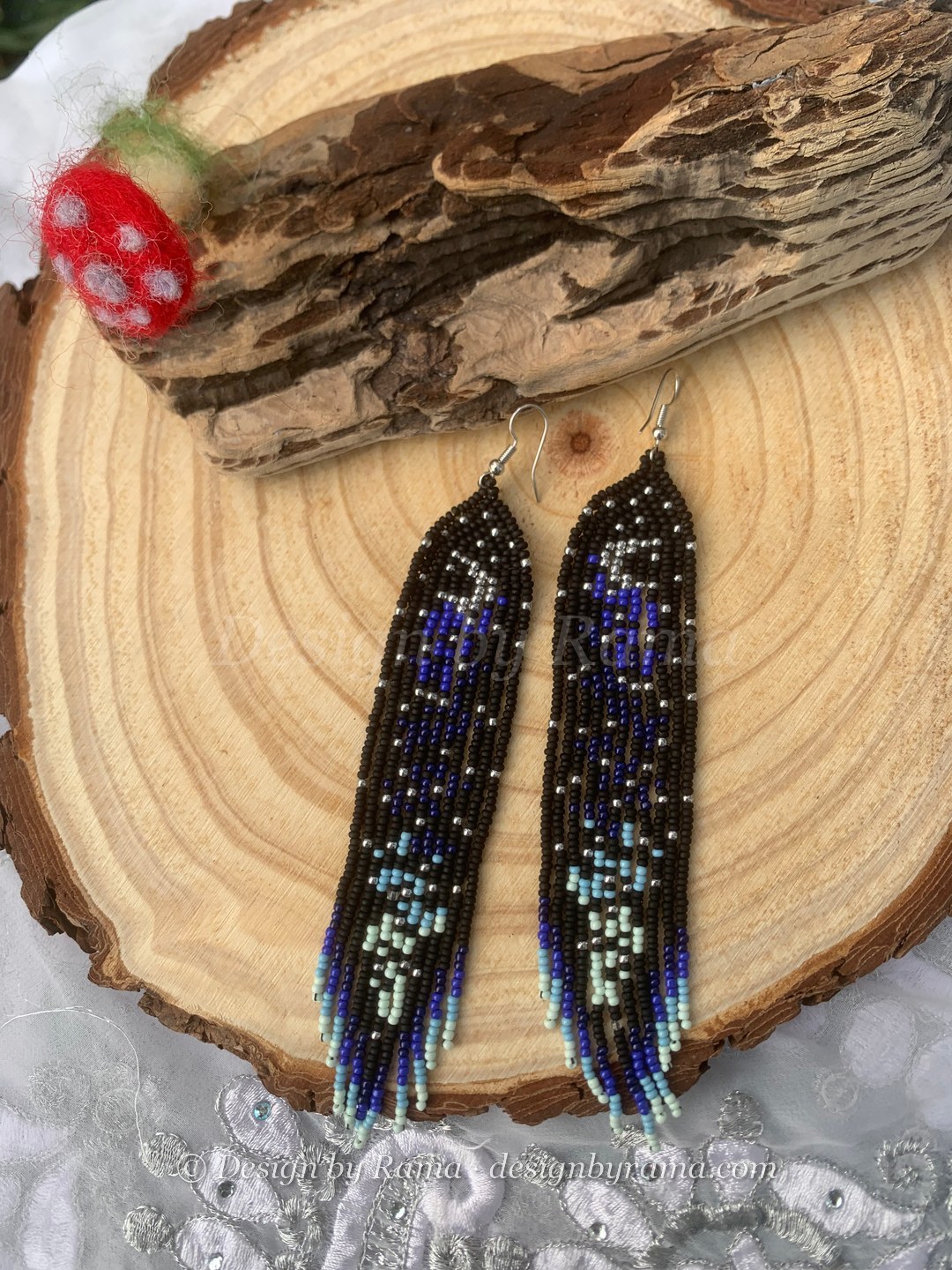 Nyankpala Galaxy Fringe — handmade black, navy blue, light blue beaded long earrings by Rama, Ghana beads, Duncan BC