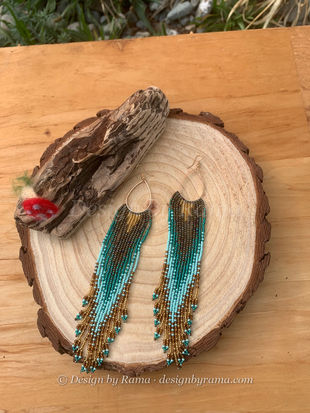 Prampram Teal Wave Fringe — handmade teal, turquoise, gold, olive beaded fringe earrings by Rama, Ghana beads, Duncan BC