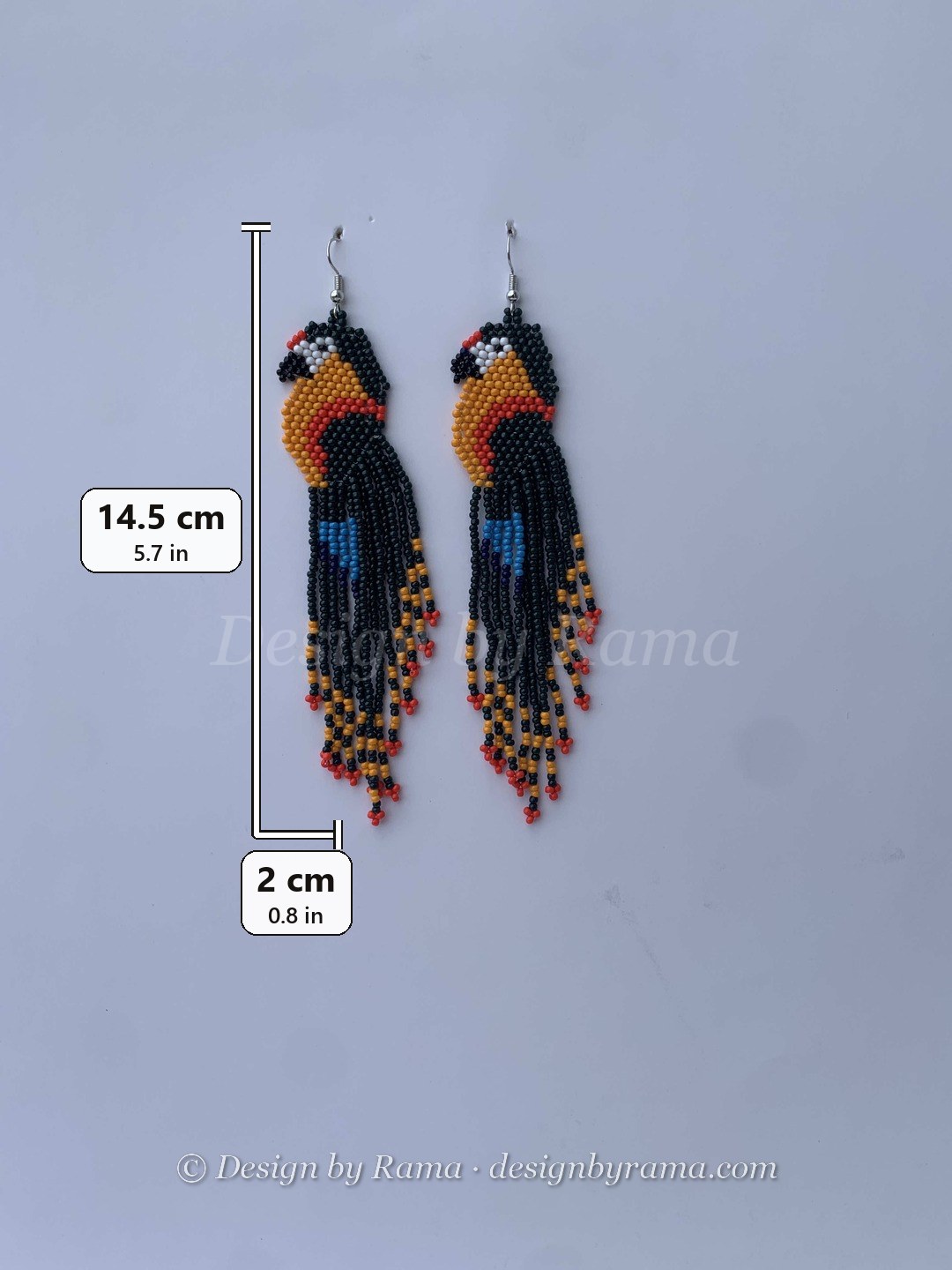 Swedru Macaw Fringe — handmade orange, blue, black beaded fringe earrings by Rama, Ghana, Duncan BC