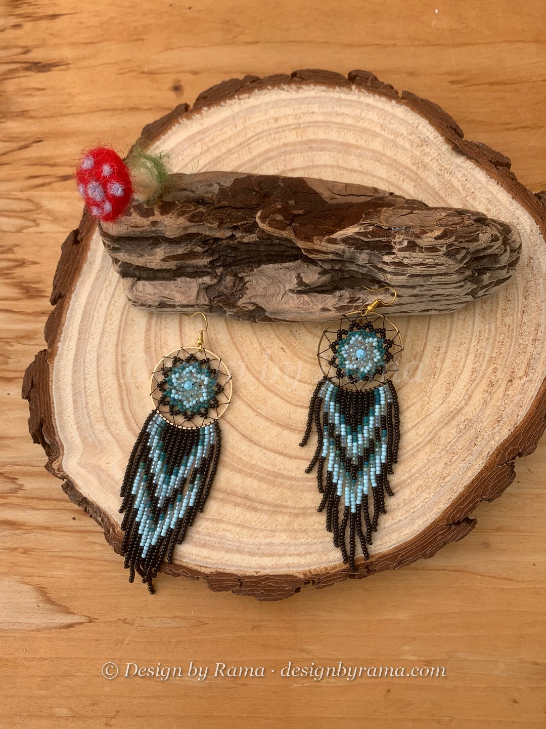 Tafo Ice Dreamcatcher — handmade black, ice blue, gold beaded fringe earrings by Rama, Ghana beads, Duncan BC