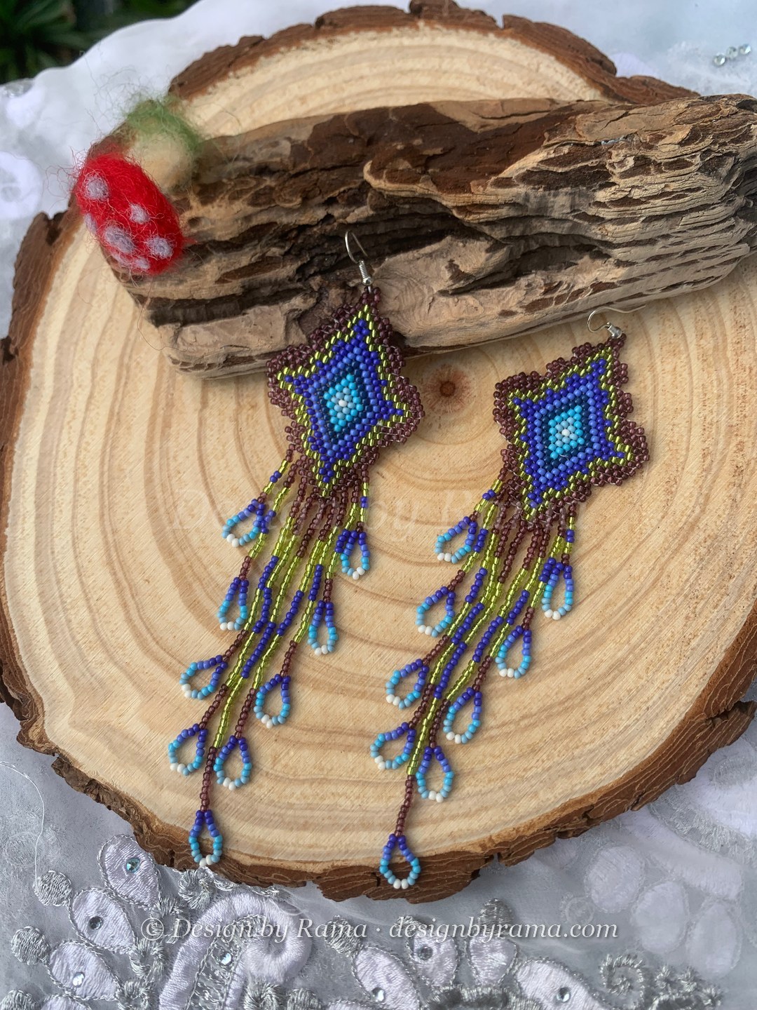 Walewale Peacock Loop Earrings — handmade blue, green, yellow beaded earrings by Rama, Ghana beads, Duncan BC