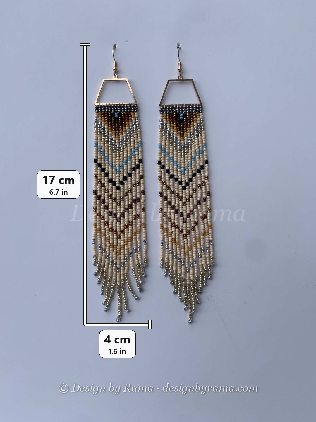 Yeji Sahel Cascade — handmade tan, gold, grey beaded fringe earrings by Rama, Ghana, Duncan BC