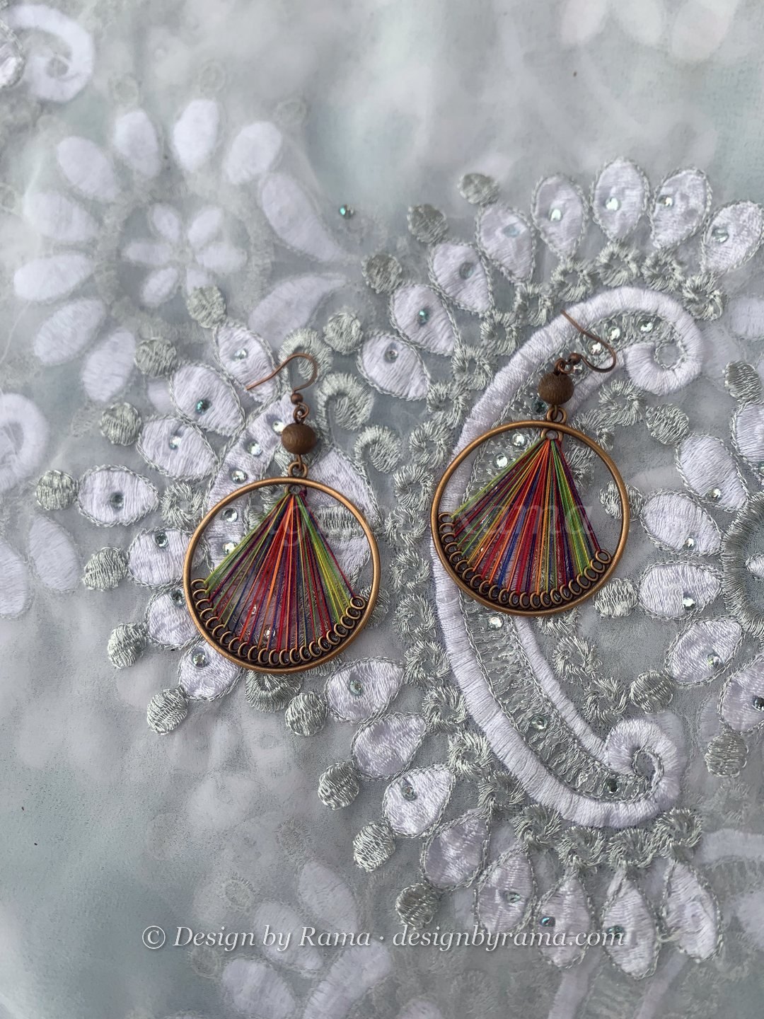 Busua Sunset Hoops — red, orange, green, purple, bronze thread earrings, Design by Rama, Duncan BC