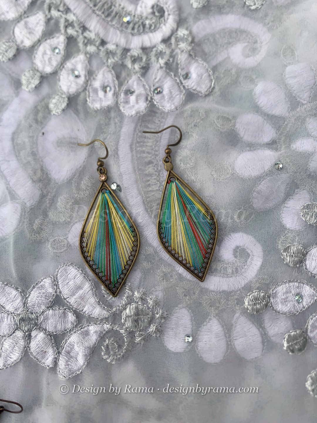 Kakum Canopy Leaf — teal, yellow, green, bronze thread earrings, Design by Rama, Duncan BC